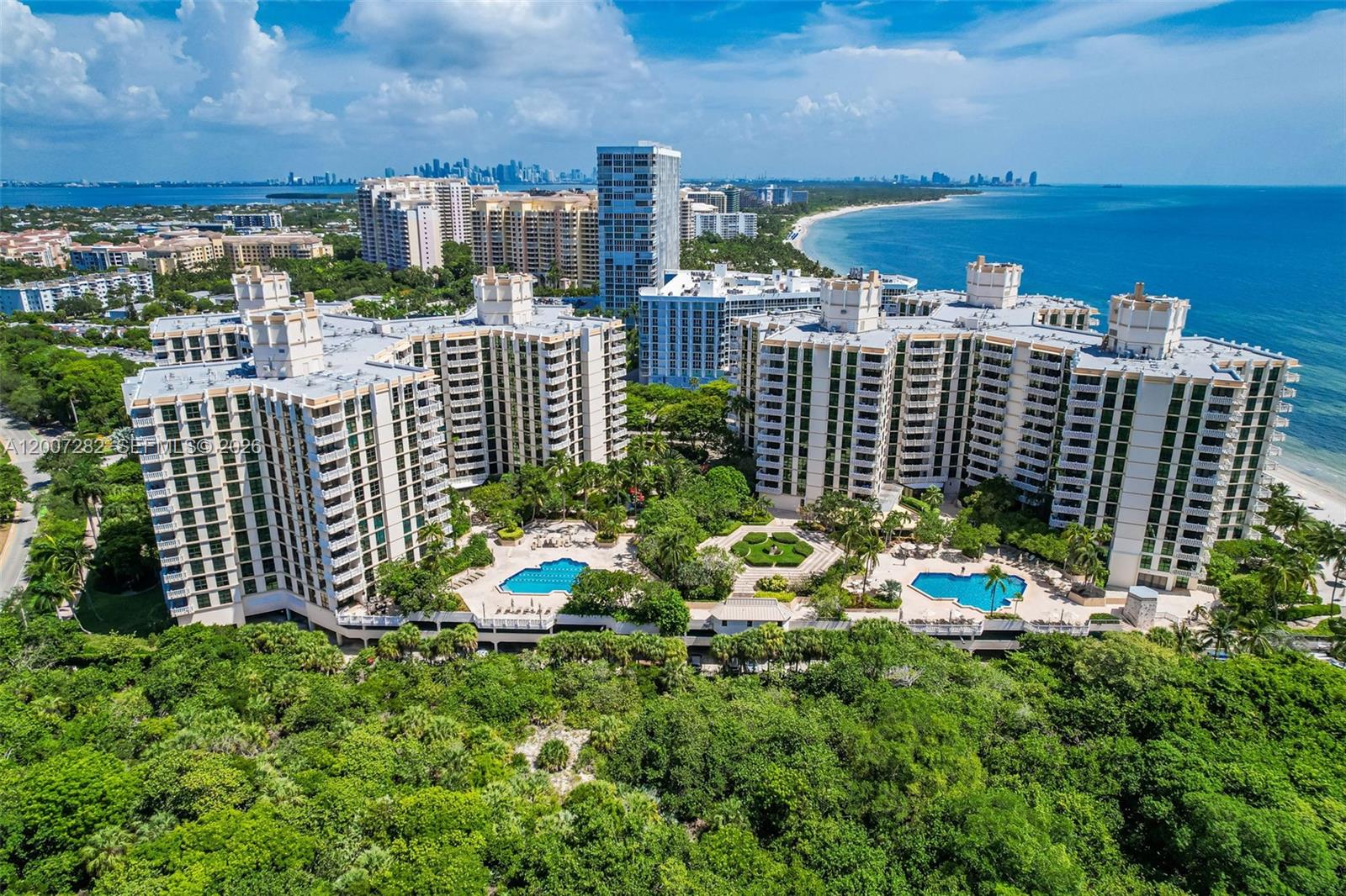 Views, views, views. Spacious corner 2-bedroom, 2-bath residence with 1,782 sq. ft. of living area, located in the desirable Towers of Key Biscayne. A line like D701 rarely comes to market. This very private southwest-facing apartment offers outstanding water views, abundant natural light, and breathtaking sunsets without direct summer sun exposure. The residence features generous living spaces, walk-in closets, storage space, one assigned covered parking space, and a private balcony currently under building work. The building is well advanced in its 50-year certification process. One pool surrounding area is currently under construction, and owners have access to the other pool area.