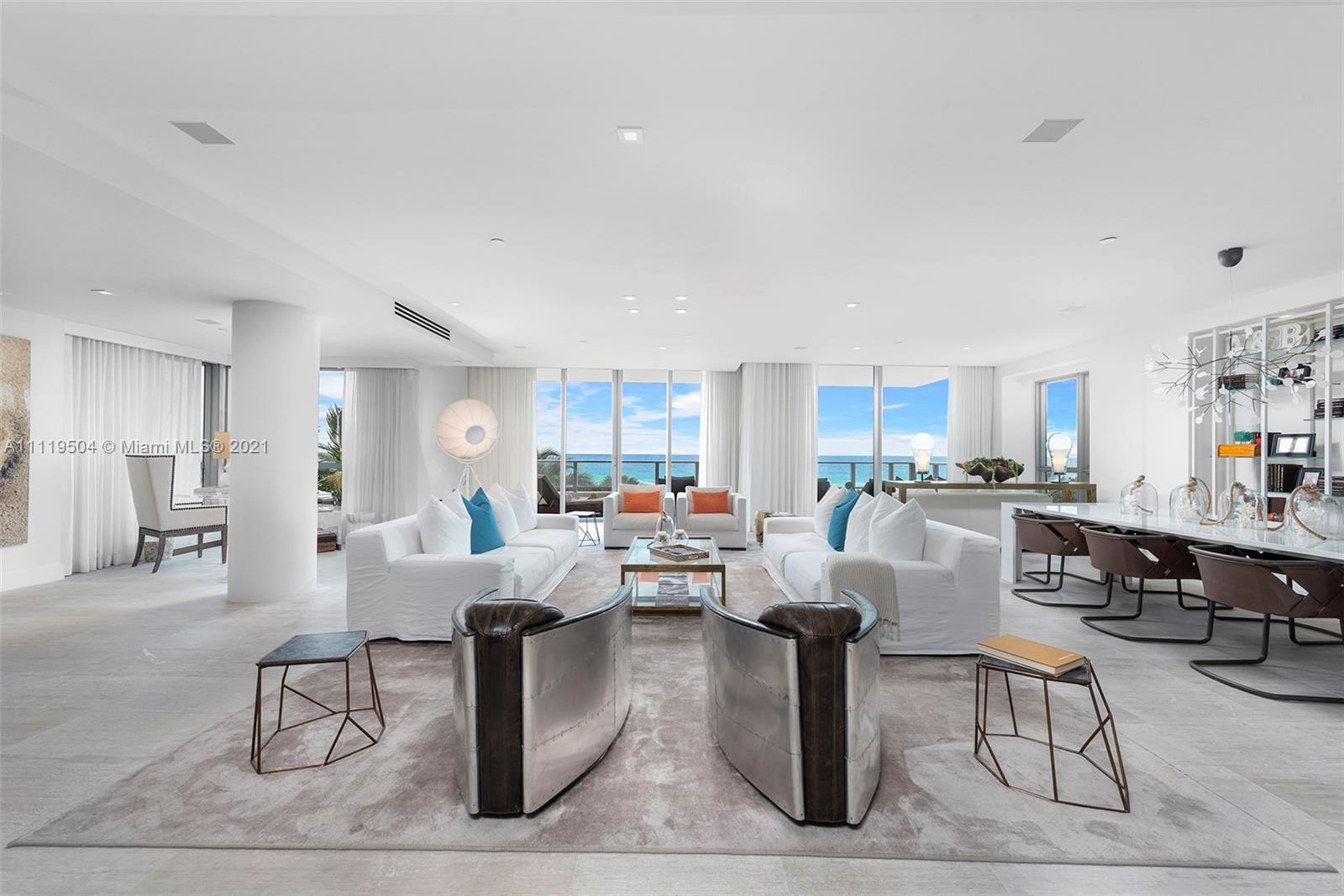 Welcome to Ocean House, South of Fifth's only luxury boutique building. Enter this three-bed, four-and-a-half bath oceanfront residence via private elevator lobby. Over 4000 sq ft of plush interiors, oversized great room with spectacular ocean views, chefs kitchen, luxurious primary suite and bathroom with dressing room, spacious guest bedroom, oversized media room with ensuite that can be converted back into bedroom, service quarters and expansive terraces. Designed by Antrobus + Ramirez, designer of the building, this residence was finished as the model unit with no expense spared, offered turn-key. Amenities include an elegant Lobby, Grand Salon, wine and cigar room, screening and billiard room, a state-of-the-art fitness center, poolside cabanas, beach service and a private hair salon.