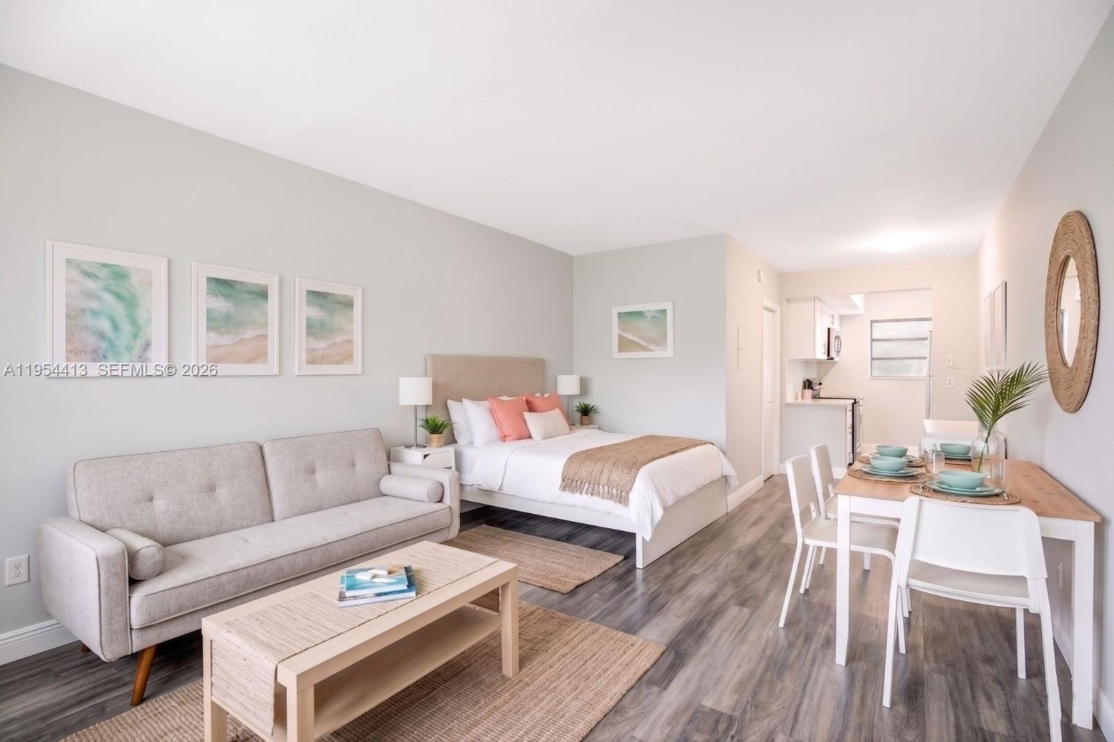 Bright and inviting studio apartment featuring oversized windows that fill the space with natural light and a generous walk-in closet for added convenience. The unit was fully renovated in 2019, showcasing a modern full sized kitchen with stainless steel appliances, including a dishwasher, updated flooring throughout, and a beautifully finished bathroom. Laundry in the building. Nestled in a desirable Miami Beach neighborhood, this home offers a prime location just a few blocks from the ocean, with easy access to dining, shopping, and local attractions. Excellent beach home or investment property. Currently rented for $1,550/month.