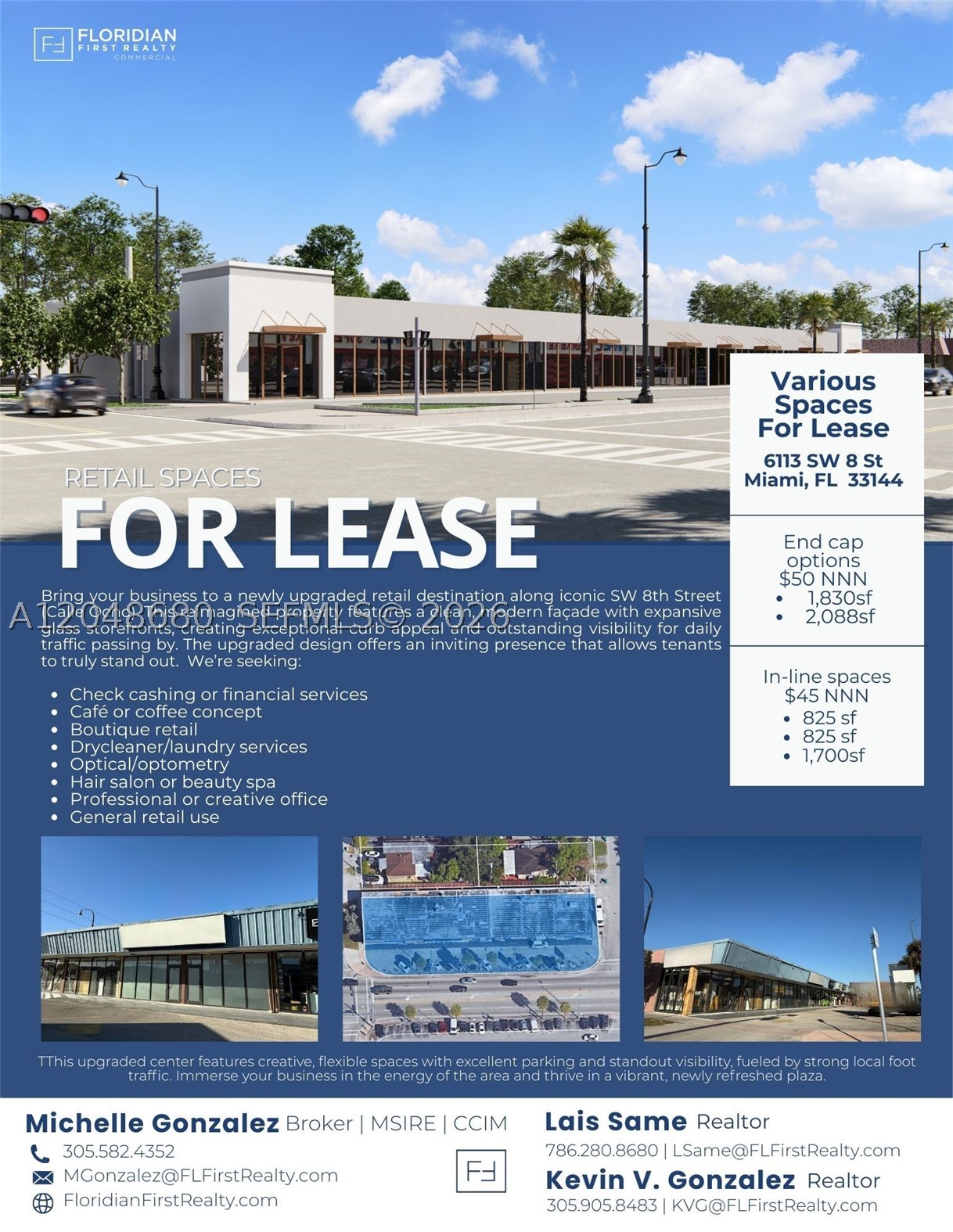 Excellent opportunity to lease ±2,088 SF in a well-established neighborhood shopping center along highly traveled SW 8th Street (Tamiami Trail). This spacious retail suite offers an open, versatile floor plan suitable for retail, specialty services, fitness, medical, wellness, showroom, or office users. Enjoy outstanding storefront visibility, prominent signage, ample on-site parking, and strong daily traffic counts. Conveniently located near Coral Gables, West Miami, and Little Havana with easy access to SR-836, the property benefits from a dense residential population and a thriving mix of surrounding businesses. Available for immediate occupancy.