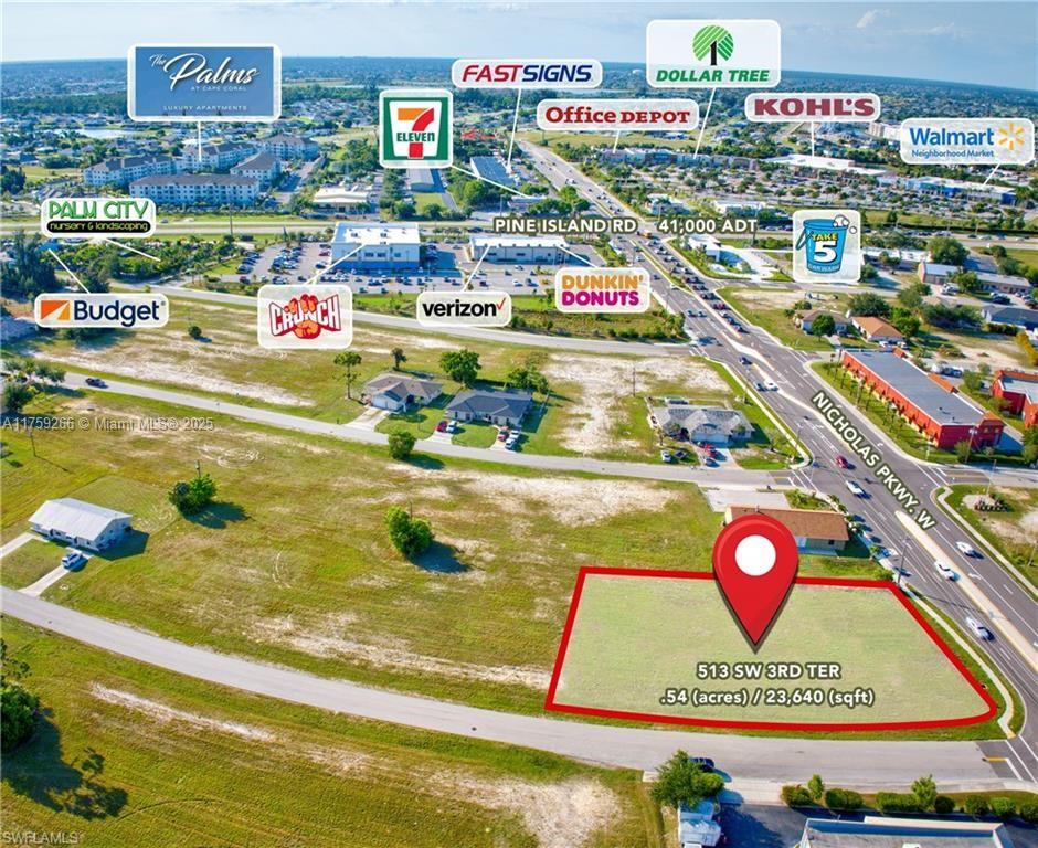 Just down the road from the high traffic intersection of Pine Island Rd & Nicholas Parkway. The parcel is situated at the corner of 3rd Terr & Nicholas Pkwy. It provides high visibility as traffic flows Northbound and Southbound by this corridor. The lot measures .54 acres (23,640 sqft). Zoning districts is CC (Commercial Corridor). Futures land use PIRD (Pine Island Road District). All utilities are available. Central Water, Sewer, and Irrigation service. Assessments paid in full. Surrounded by a blend of established businesses such as Crunch Fitness and Dunkin’. Close to major retailer like Office Depot, kohl’s & Walmart, and a Health-care emergency center. The possibilities for this parcel are endless. Not in a designated flood zone. Adjoining parcels are available.