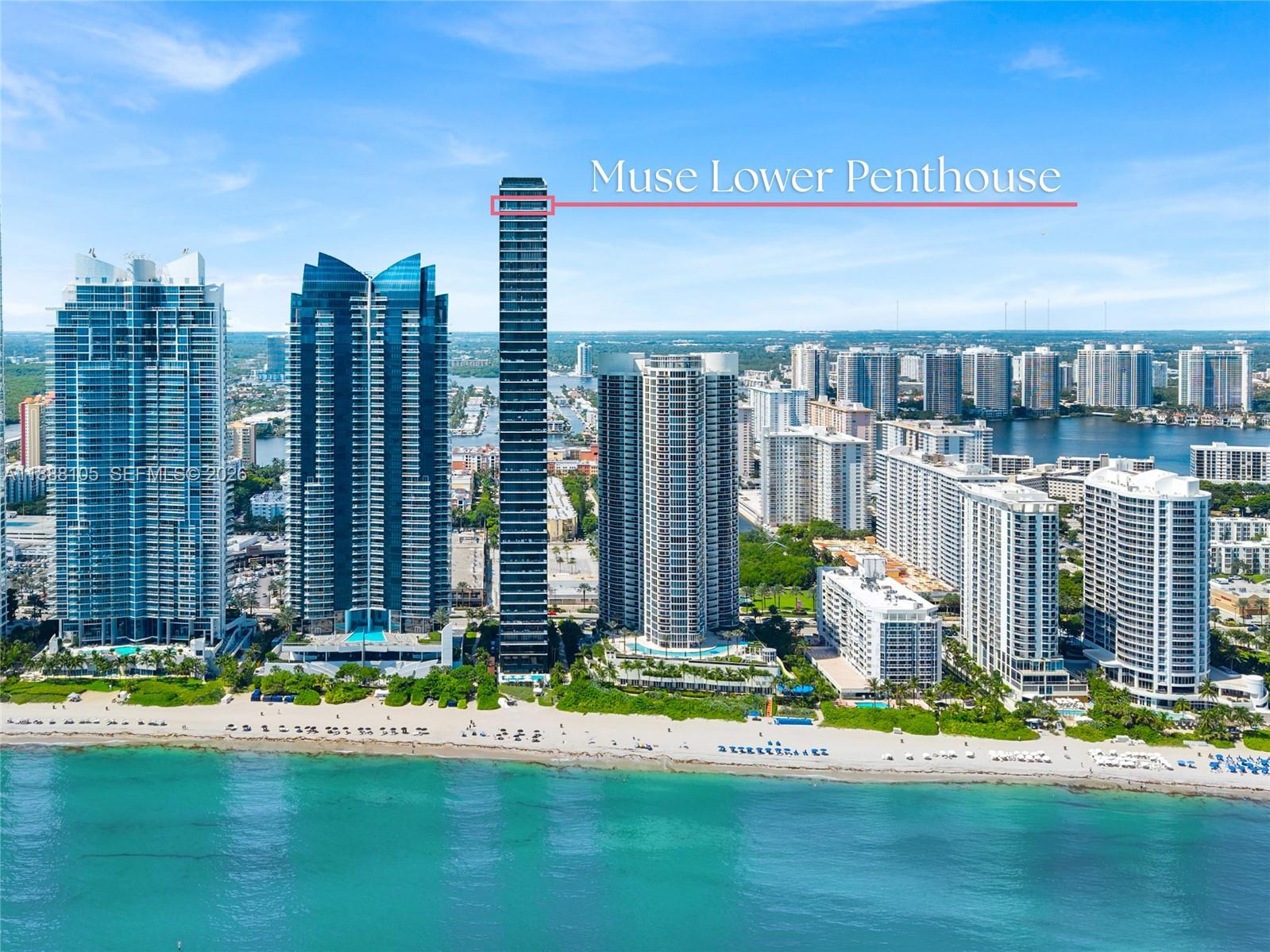 FULL-FLOOR DESIGNER OCEANFRONT LOWER PENTHOUSE WITH UNOBSTRUCTED 360° VIEWS DESIGNED BY TROY DEAN INTERIORS WITH SOARING 14 FT CEILINGS + PRIVATE POOLSIDE CABANA AT MUSE SUNNY ISLES! Encompassing 5 bedroom + 7.5 baths + service quarters. 6,106 SF of interior + 2,264 SF of Terraces. Italian marble & wood flooring. Two summer kitchens on Deep Terraces with ocean, intracoastal & city sunset views. Italkraft Open Chef’s kitchen + top-of-the-line Sub-Zero & Wolf appliances, dual ovens & dishwashers. Master suite features his & hers baths + unobstructed ocean vistas. Savant Smart Home System, 6 automated parking spaces + 2 storage units. Muse is a boutique oceanfront building with premium amenities: on-site restaurant, fitness center, resort-style pool & spa, 24/7 concierge, valet & security.