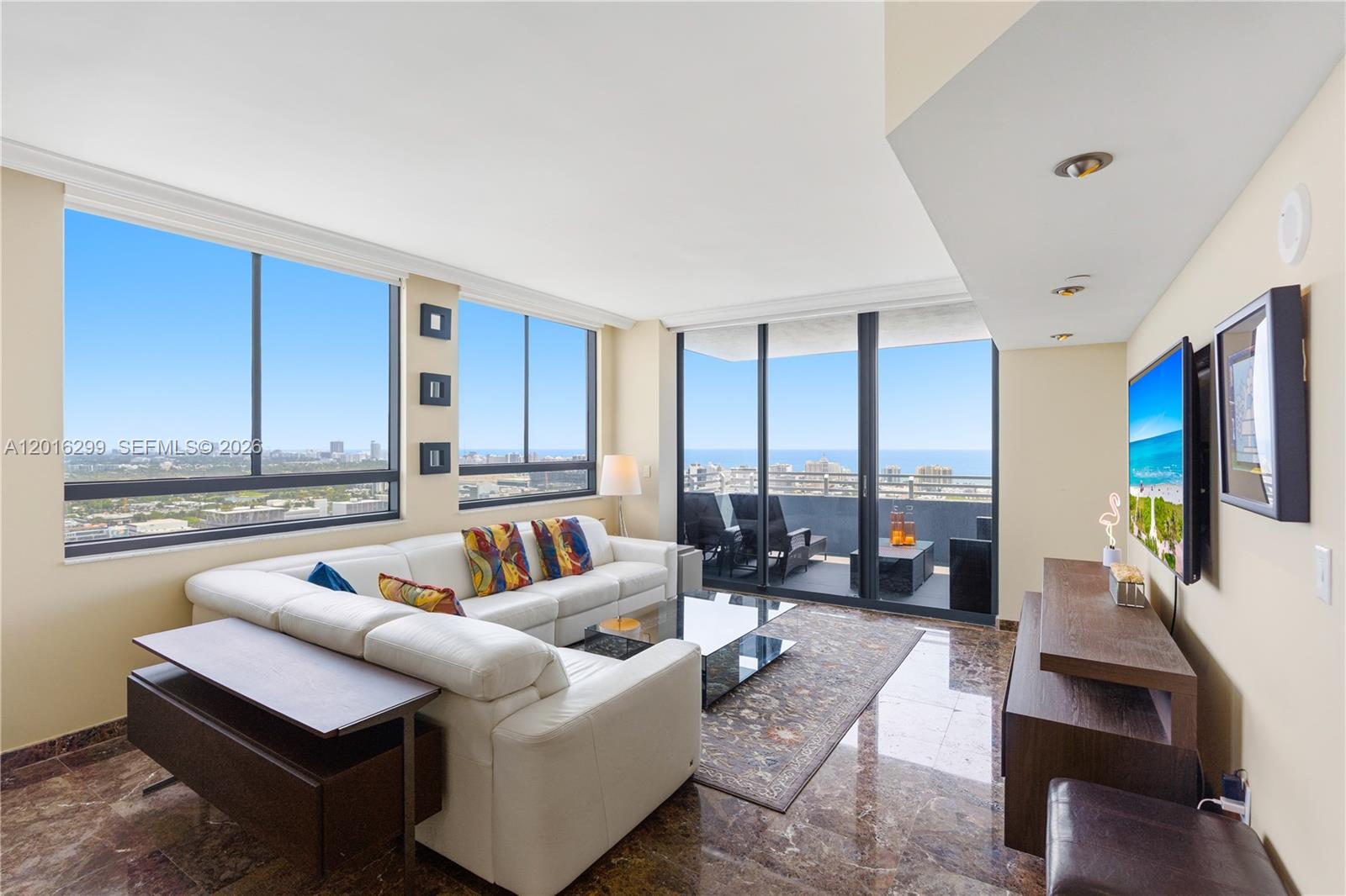 Spacious and Private penthouse living on the 36th floor with unobstructed views of the ocean, South Beach, and Biscayne Bay from two large private balconies and wide windows in every room. This beautiful residence features 9 ft ceilings, marble floors, a renovated kitchen, high-end finishes, walk-in closets, and a private storage closet. Enjoy your morning coffee from the primary bedroom balcony while watching the boats on the bay. Located at The Waverly, a full-service bayfront condominium offering a heated pool, BBQ area, tennis court, putting green, fitness center, party room, convenience store, 24-hour concierge, security, and valet. Just a short walk to Lincoln Road, restaurants, shops, supermarkets, and the beach. Residence offers 1,831 sq ft including balconies, three garage parking spaces, cable and internet included, and the building is dog friendly.