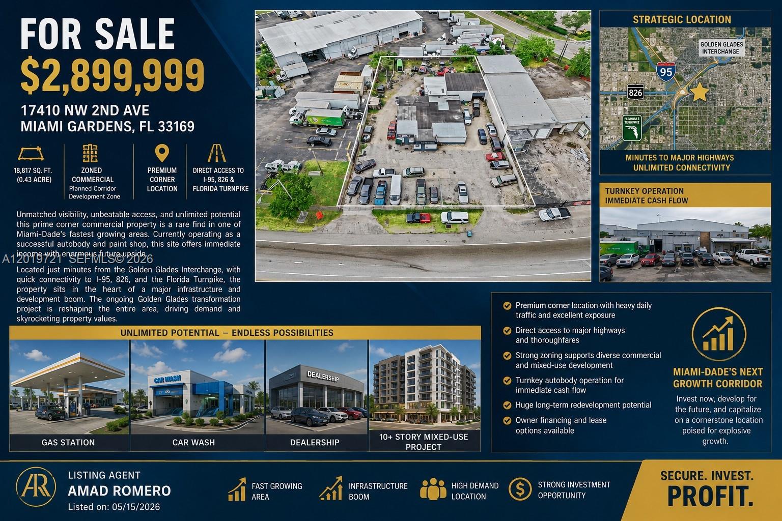 Unmatched visibility, unbeatable access, and unlimited potential this prime corner commercial property is a rare find in one of Miami-Dade’s fastest-growing areas. Currently operating as a successful autobody and paint shop, this site offers immediate income with enormous future upside.
Located just minutes from the Golden Glades Interchange, with quick connectivity to I-95, 826, and the Florida Turnpike, the property sits in the heart of a major infrastructure and development boom. The ongoing Golden Glades transformation project is reshaping the entire area, driving demand and skyrocketing property values.

Zoned Commercial within the Planned Corridor Development Zone, this 18,817 sq. ft. (0.43 acre) lot gives investors, developers, and business owners virtually unlimited flexibility ideal for a gas station, car wash, dealership, or a 10+ story mixed-use project.

Premium corner location with heavy daily traffic and excellent exposure
Direct access to major highways and thoroughfares
Strong zoning: supports diverse commercial and mixed-use development
Turnkey autobody operation for immediate cash flow
Huge long-term redevelopment potential
Owner financing and lease options available
With massive infrastructure upgrades and unparalleled visibility, this property represents a rare opportunity to secure a cornerstone location in a corridor poised for explosive growth. Invest now, develop for the future, and capitalize on Miami-Dade’s next wave of expansion