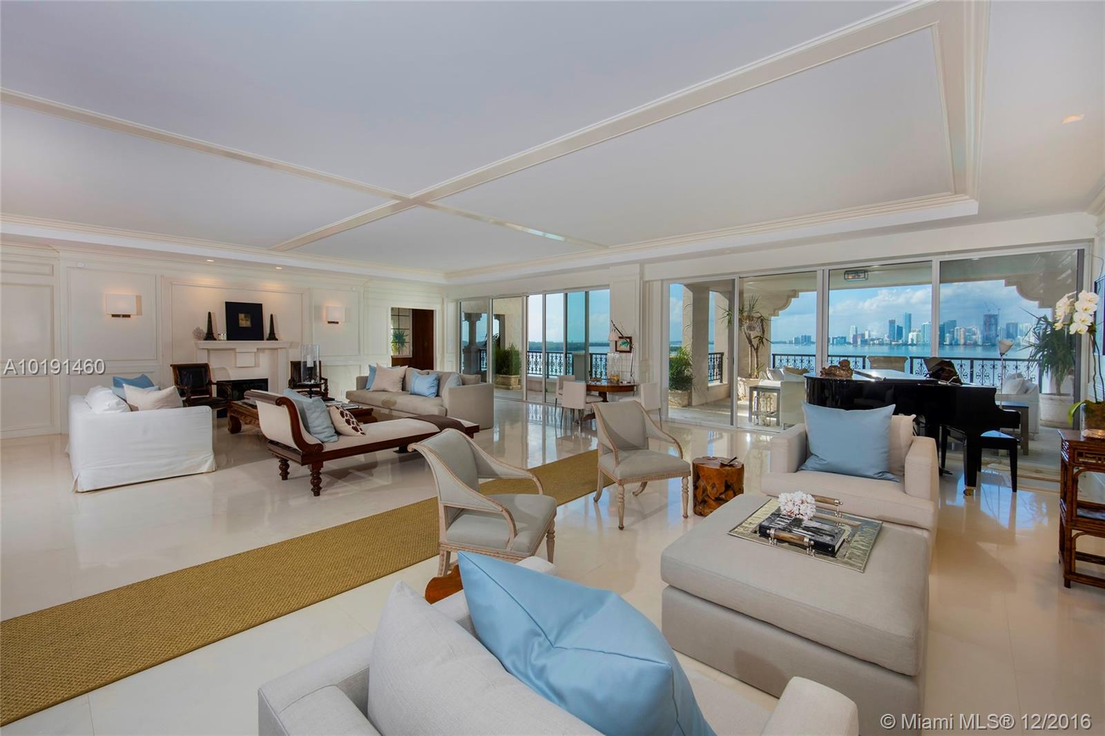 Enjoy glorious sunrises and sunsets from this private renovated Bayview masterpiece on the 9th floor. Unobstructed views of the Miami skyline, Biscayne Bay, golf course & Government Cut.  5BR, 6 full BA plus 2 half BAs, +/-6,500 interior SF & approx. 2,000 exterior sq. ft. of wrap-around terraces. Incredible finishes and appointments: limestone floors throughout, Beaux Art kitchen, formal dining room, family room, master suite w/his & her bathrooms. Maint. fee is $3,539/mo. FICA is $6,729.76 per quarter.