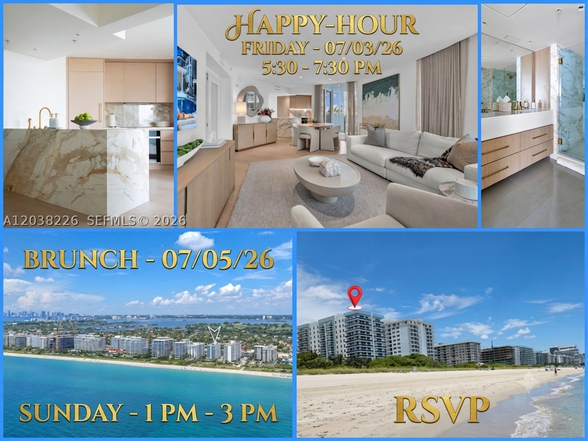Schedule of Events
Happy Hour
Date: Friday, July 3rd
Time: 5:30 PM – 7:30 PM
Brunch
Date: Sunday, July 5th
Time: 1:00 PM – 3:00 PM
Note: RSVP is requested. 
Experience luxury coastal living in this fully renovated 3-bedroom, 2-bath residence at The Waverly Surfside. Located in the heart of Surfside, Furnished is negotiable, professionally designed home offers 1,323 SF of sophisticated living space with exceptional finishes throughout. Features include premium engineered hardwood flooring, Calacatta Gold marble, custom wood veneer kitchen cabinetry, Sub-Zero refrigerator/freezer, Wolf oven and induction cooktop, Cove dishwasher, Waterworks fixtures, custom closets, smart toilets, tankless water heater, brand-new A/C system, Lutron smart lighting with recessed LED lighting, automatic motorized shades, Samsung Frame TVs, and Restoration Hardware furnishings. Offered fully furnished with approximately $100,000 in RH furniture. Residents enjoy access to the Surfside Community Center, private Surfside Tennis and Pickleball Courts, and one of Miami’s most desirable beachside neighborhoods. A rare turnkey opportunity in a prime Surfside location. Similar unit 1/2 block-9001 Collins Ave #402- 2 Beds- just sold June 2026-for $ 6,2 Million, ( $ 2,500 SqFt ) 2017 building - MLS -A11930676