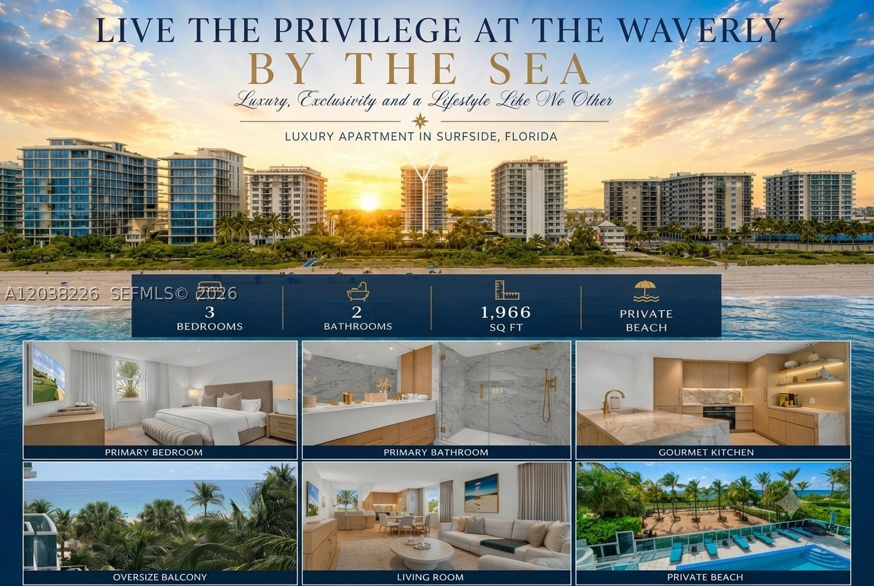 The Waverly Surfside. Experience luxury coastal living in this fully renovated 3-bedroom, 2-bath, Located in the heart of Surfside, Furnished is negotiable, professionally designed home offers Total 1,966 SqFt (1,323 under air + 643 terrace) of sophisticated living space with exceptional finishes throughout. Features include premium engineered hardwood flooring, Calacatta Gold marble, custom wood veneer kitchen cabinetry, Sub-Zero refrigerator/freezer, Wolf oven and induction cooktop, Cove dishwasher, Waterworks fixtures, custom closets, smart toilets, tankless water heater, brand-new A/C system, Lutron smart lighting with recessed LED lighting, automatic motorized shades, Samsung Frame TVs, and Restoration Hardware furnishings. Fully furnished with approximately $100,000 in RH furniture. Residents enjoy access to the Surfside Community Center, private Surfside Tennis and Pickleball Courts, and one of Miami’s most desirable beachside neighborhoods. A rare turnkey opportunity in a prime Surfside location with low Association Fee: $1,682.08 per month, and no special assessments, Similar unit 1/2 block-9001 Collins Ave #402- 2 Beds- just sold June 2026-for $ 6,2 Million, ( $ 2,500 SqFt ) 2017 building - MLS -A11930676