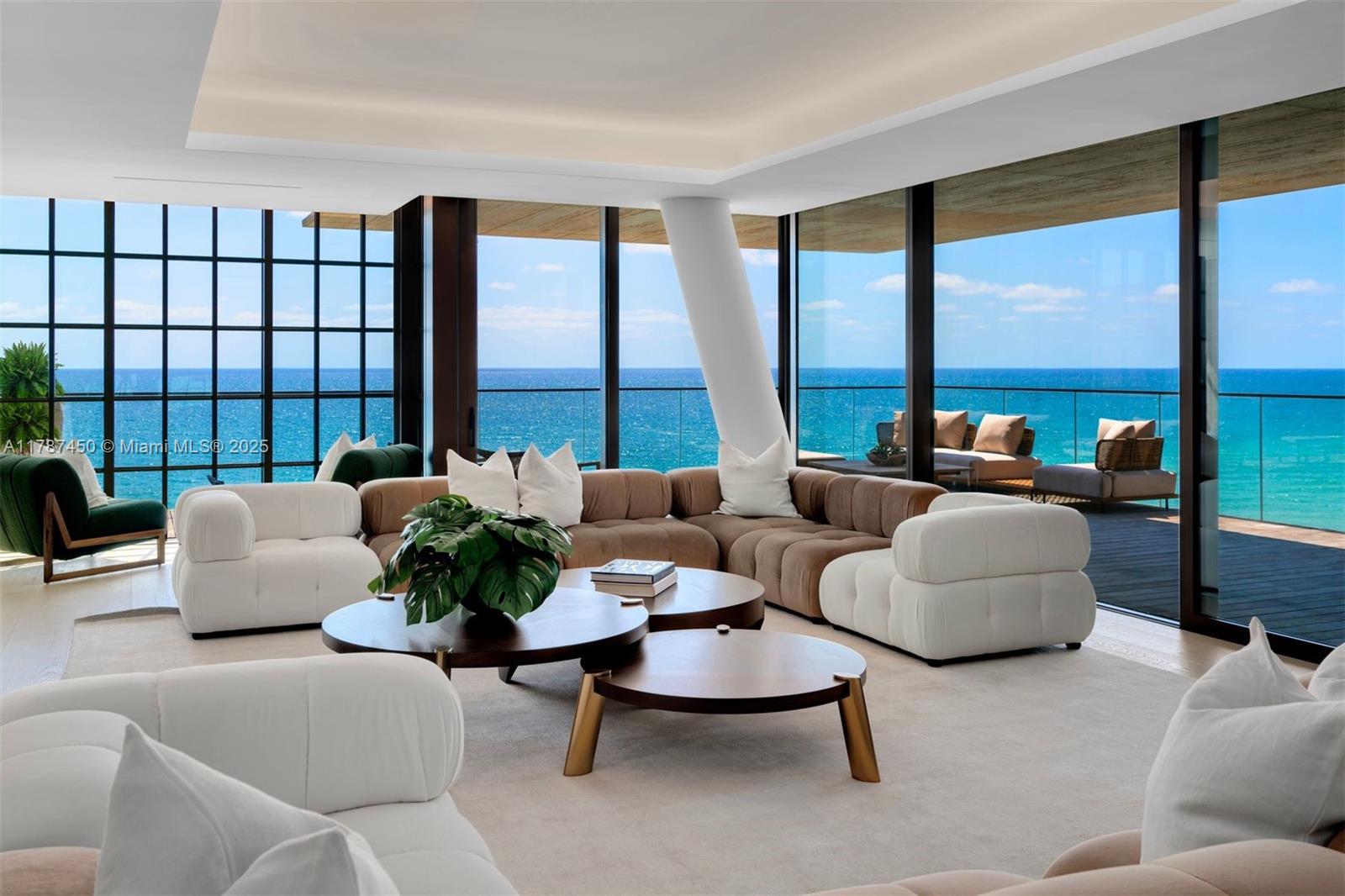 Welcome to oceanfront living at ARTE Surfside by Antonio Citterio Residence No. 702, located at 8955 Collins Ave. This 3,136 sq ft flow-through residence features 3 beds and 3.5 baths. Enjoy floor-to-ceiling windows with exposures offering ocean and sunset views. The custom Poliform kitchen comes w/Gaggenau appliances, including a gas stove and wine cooler. Greek Marble countertops and elegant finishes elevate the space. The primary suite includes a natural stone soaking tub and a triple vanity. The 2,158 sq ft private wrap-around terrace is perfect for entertaining. Resort-style amenities include a rooftop tennis court, outdoor and indoor pools, spa, gym, and clubhouse. Direct beach access and services like concierge, doorman, valet parking, and security complete this exclusive lifestyle.