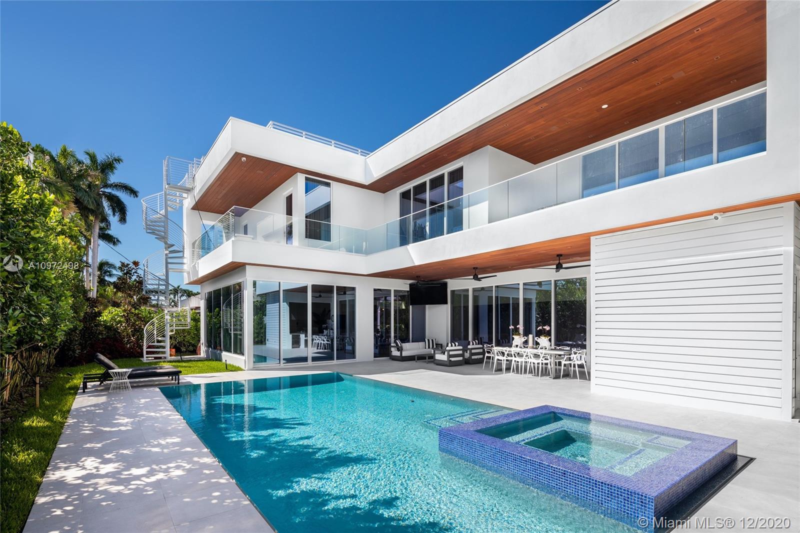 Quality Built in 2019, this Custom 8 BD 10.5 BA Tropical Modern is the epitome of Luxury Living. Enjoy high quality finishes throughout 7500 SF of Living Space & over 5,000 SF of Terraces + rooftop w/ Bay & Sunset Views. The Modern Design seamlessly blurs the lines of indoor-outdoor living, creating the ultimate tropical oasis for its lucky new owner. 1st floor features 12 FT ceilings w/ an open layout including maids room & 2 guest rooms (or office), all en suite. The 2nd floor has 5 additional oversized en suite bedrooms + upstairs laundry room. Amenities include full home automation, elevator, covered outdoor living & dining, summer kitchen w/ bbq, zero edge pool & spa, & 4500 SF rooftop. Walking Distance to neighborhood park, Bal Harbour Shops & places of worship. A+ School district