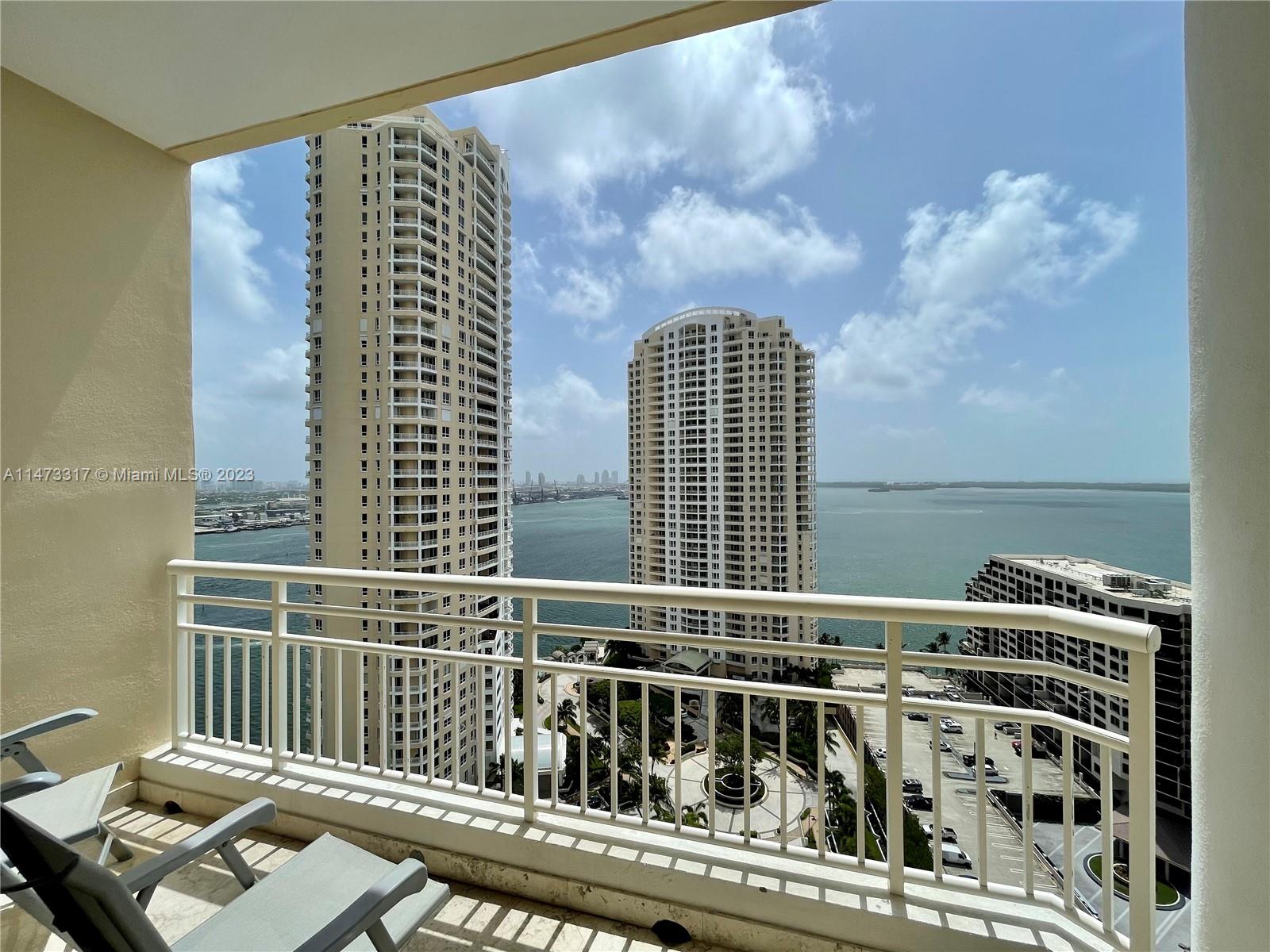 Availble starting July 15th. Stunning bay views from this 1 Bed/1.5 Bath with wraparound balcony furnished corner unit in Brickell Key. Most desirable line 05 with no neighbors. Recently remodeled closet, bathrooms. Floor to ceiling windows. Marble flooring throughout. Large master bedroom with walk in closet. Live within the private community of Brickell key with restaurants, shops, and more. 1 Assigned Parking Space.