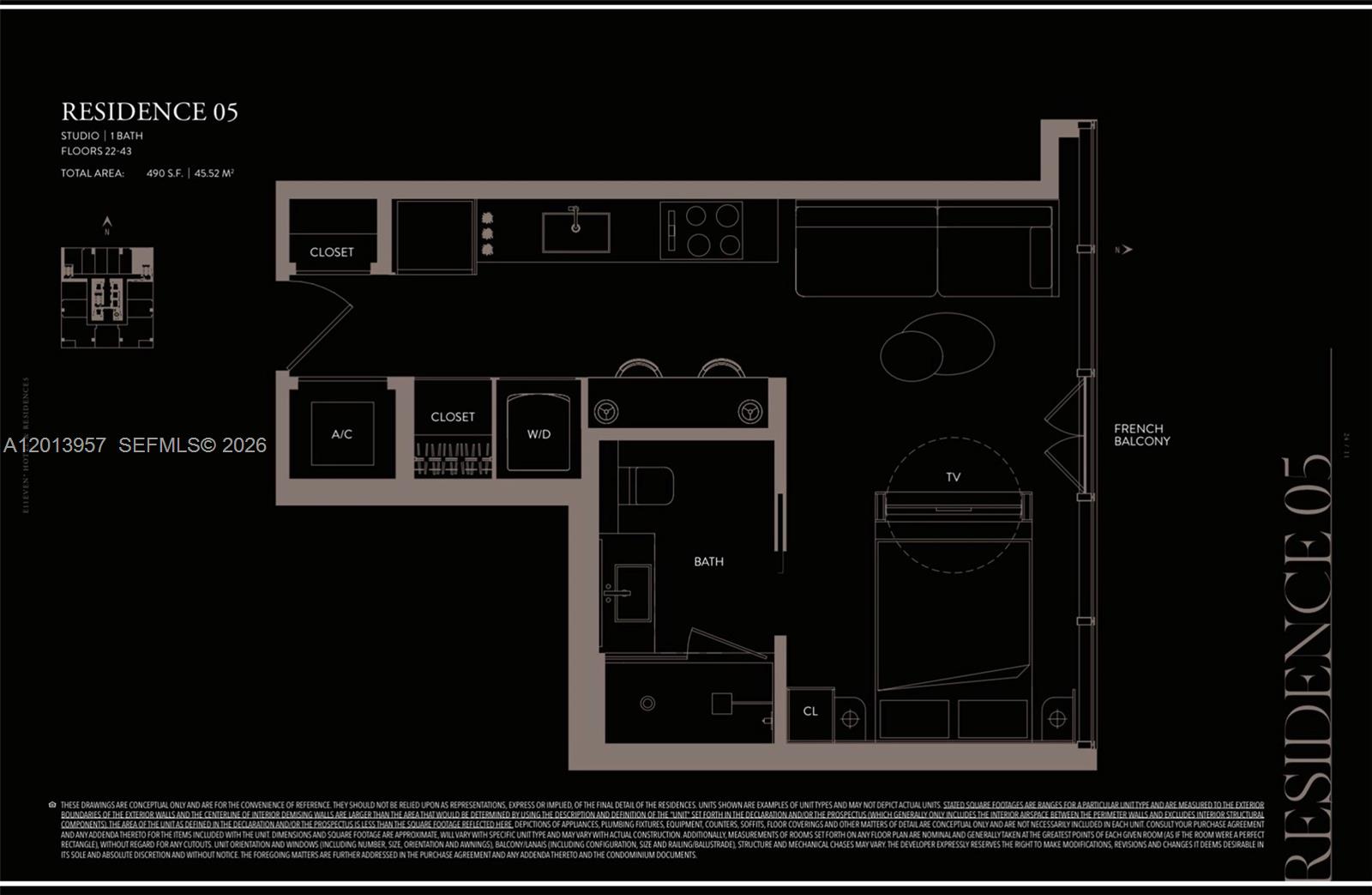 One of the larger studio floor plans in the building. Excellent north views that will always remain unobstructed from this high floor, overlooking the currently under construction signature bridge and expansive waterviews over the Miami downtown/arts district/edgewater skyline.