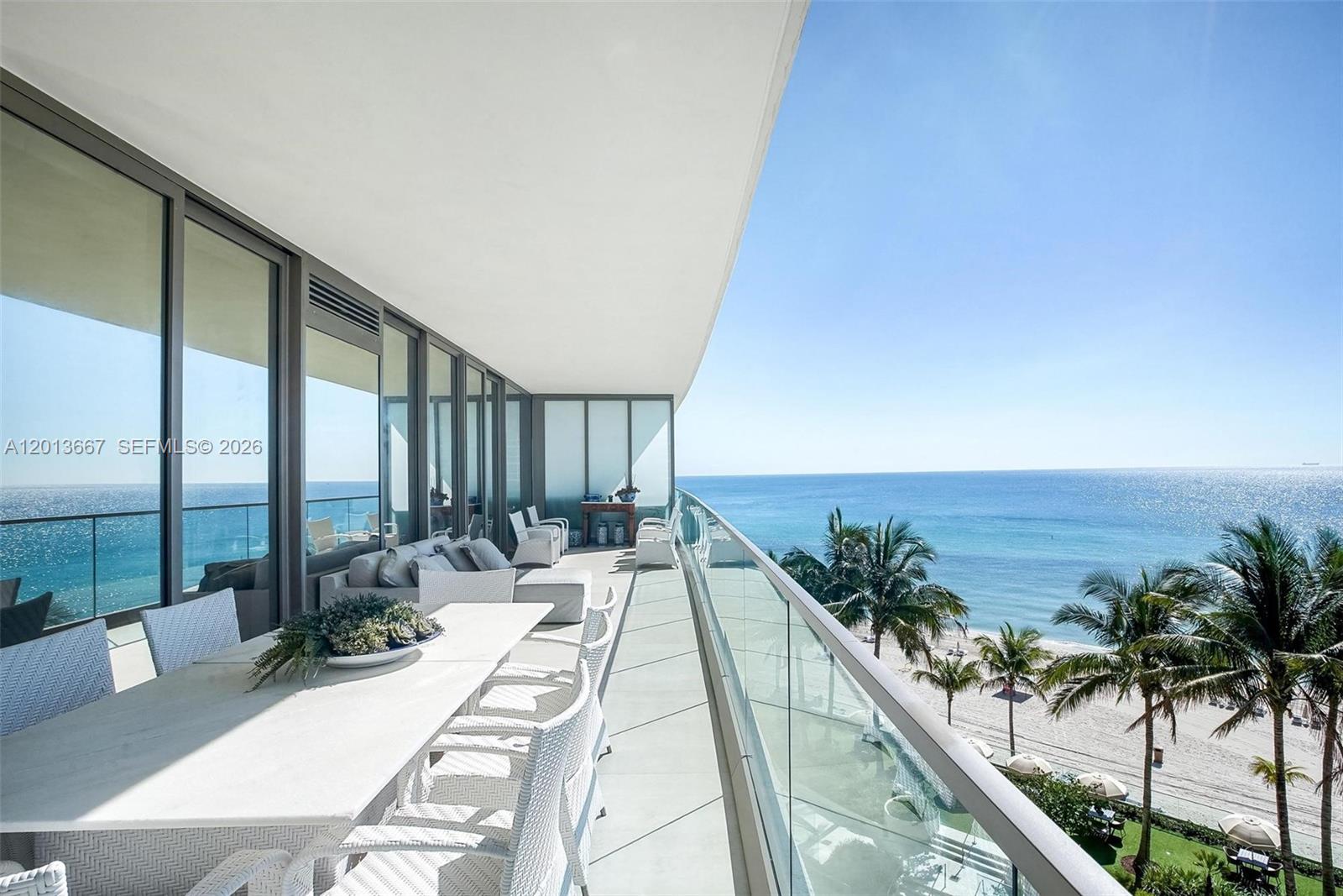Experience refined oceanfront living in Residence 501 at the prestigious Residences by Armani Casa. This 3-bedroom + den, 5.5-bath, 3,080SF home features an elegant open layout with floor-to-ceiling glass framing serene ocean and palm views. The spacious great room flows seamlessly to an expansive terrace for effortless indoor-outdoor living. A sleek gourmet kitchen offers custom cabinetry, premium appliances, and a large island ideal for dining and entertaining. The primary suite is a private retreat with a spa-like bath and generous wardrobe space, while all guest bedrooms feature en-suite baths. Residents enjoy world-class amenities including private beach service, oceanfront pool, spa, fitness center, restaurant, concierge, movie theater, and much more! Best Amenites on the Beach front come experience the Armani lifestyle.