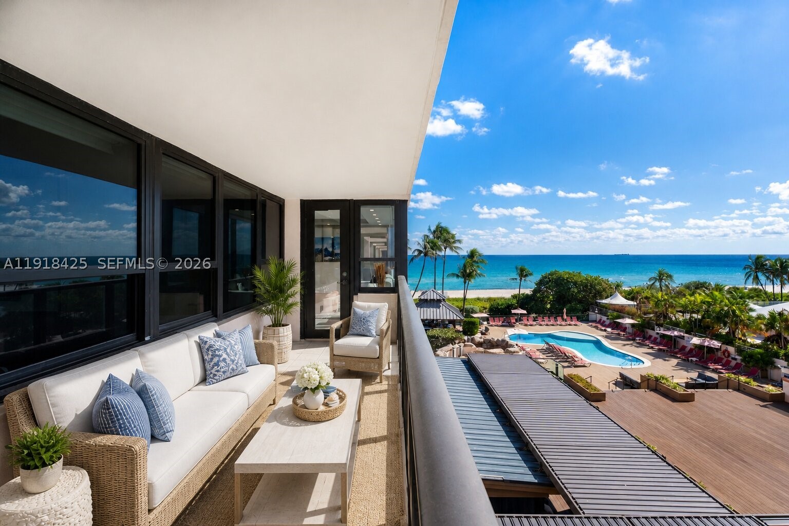 Welcome to this bright and modern residence at The Alexander, located on the south side of the building with sun all day. The home features an open living and dining area, a contemporary kitchen with island seating, and a private balcony overlooking the pool and ocean. The primary bedroom offers generous closet space and an en-suite bathroom, while the second bedroom has a full closet with a bathroom located across the hall. Additional features include an in-unit washer and dryer and tile floors throughout. Residents enjoy a direct beachfront location on Collins Avenue with easy access to the ocean, perfect for morning walks or taking your bike along the boardwalk. Resort-style amenities at The Alexander include two outdoor pools, an on-site restaurant and poolside bar, a fitness center with sauna, spa services, beach service, and valet parking. Owners have the flexibility to participate in the hotel rental program or rent the unit privately, offering an excellent opportunity for both personal use and income potential. A relaxed, welcoming home with every convenience at your doorstep.