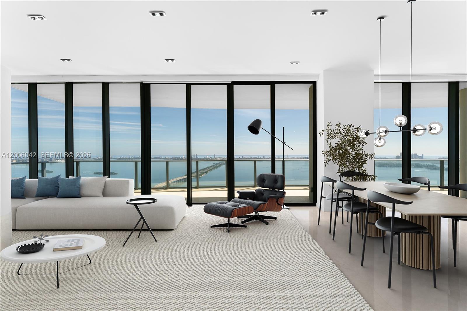Experience luxury living in this stunning corner penthouse at One Paraiso, in Edgewater. This spacious 5BR,/5.5BA unit, offers 2,887SF of refined living space & private elevator entry. Gres Porcellanato floors throughout, dual terraces w/breathtaking sunrise & sunset views in all directions—North, South, East & West. Open living room extends from the dining area, featuring floor-to-ceiling windows/doors that open to an expansive terrace with direct bay & ocean views. A Chef’s kitchen boasts a marble island, custom cabinetry & top-tier appliances. Primary suite offers direct terrace access, dual walk-in closets, & spa-style bathroom - oversized rain shower & sunken tub.
3 additional BR’s includes a staff BR all with ensuite baths. Amazing location & lux amenities complete this offering.