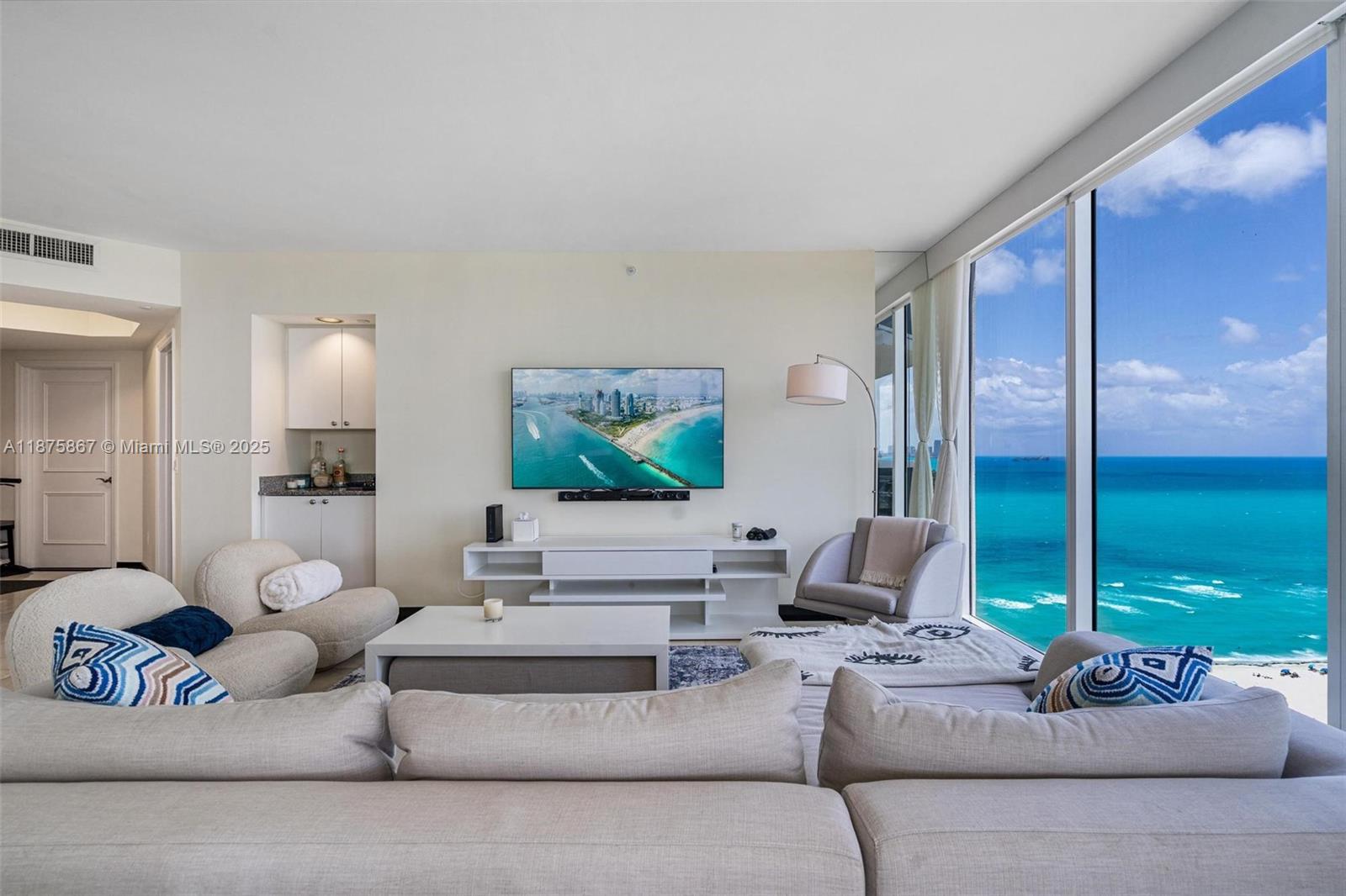 This beautiful furnished residence features an open kitchen with breakfast area, elegant marble floors, and a spacious primary suite with a walk-in closet. Enjoy breathtaking views of the Ocean, Bay, Intracoastal, and the Miami skyline.
The Blue Diamond offers resort-style living with a wide array of amenities: two tennis courts, state-of-the-art fitness center, spa, beauty salon, children’s and teen’s room, heated swimming pool, two Jacuzzis, and full beach and pool service. Residents also have the convenience of an on-site restaurant and market, with delivery available to your apartment, the pool, or directly to the beach. With the boardwalk right outside, you can stroll and enjoy the best of Miami Beach’s waterfront lifestyle.
The unit is rented until July 2026, $6,250/month.
