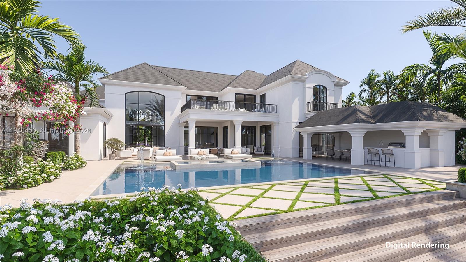 Grand Waterfront Estate - Due to be completed 2nd Qtr 2026!!! Step into unparalleled luxury at this brand-new waterfront estate under construction in the prestigious community of Admirals Cove. With 115 feet of waterfrontage, this stunning home will offer 7BD, 7.2 BA designed for both comfort and elegance. Upon completion, a gated motor court and grand entryway will welcome you into light-filled interiors with soaring ceilings. Expansive living & dining areas will set the stage for sophisticated entertaining, while the kitchen will flow seamlessly into the family room and breakfast nook, state of the art gym and home theater are just few of this home's magnificent grandeur. The primary suite will be a private retreat, featuring a spa-like bath and a custom walk-in closet. Additional first-floor amenities include guest suite, a private office, mudroom, elevator, and laundry room. Upstairs, an expansive loft will connect to 5 additional bedroom suites, a playroom, and guest quarters with a private balcony overlooking the water. A second laundry room and ample storage will add to the home's thoughtful design. Outdoor living will be equally impressive, with a sprawling terrace, beautiful pool, covered loggia and full summer kitchen.