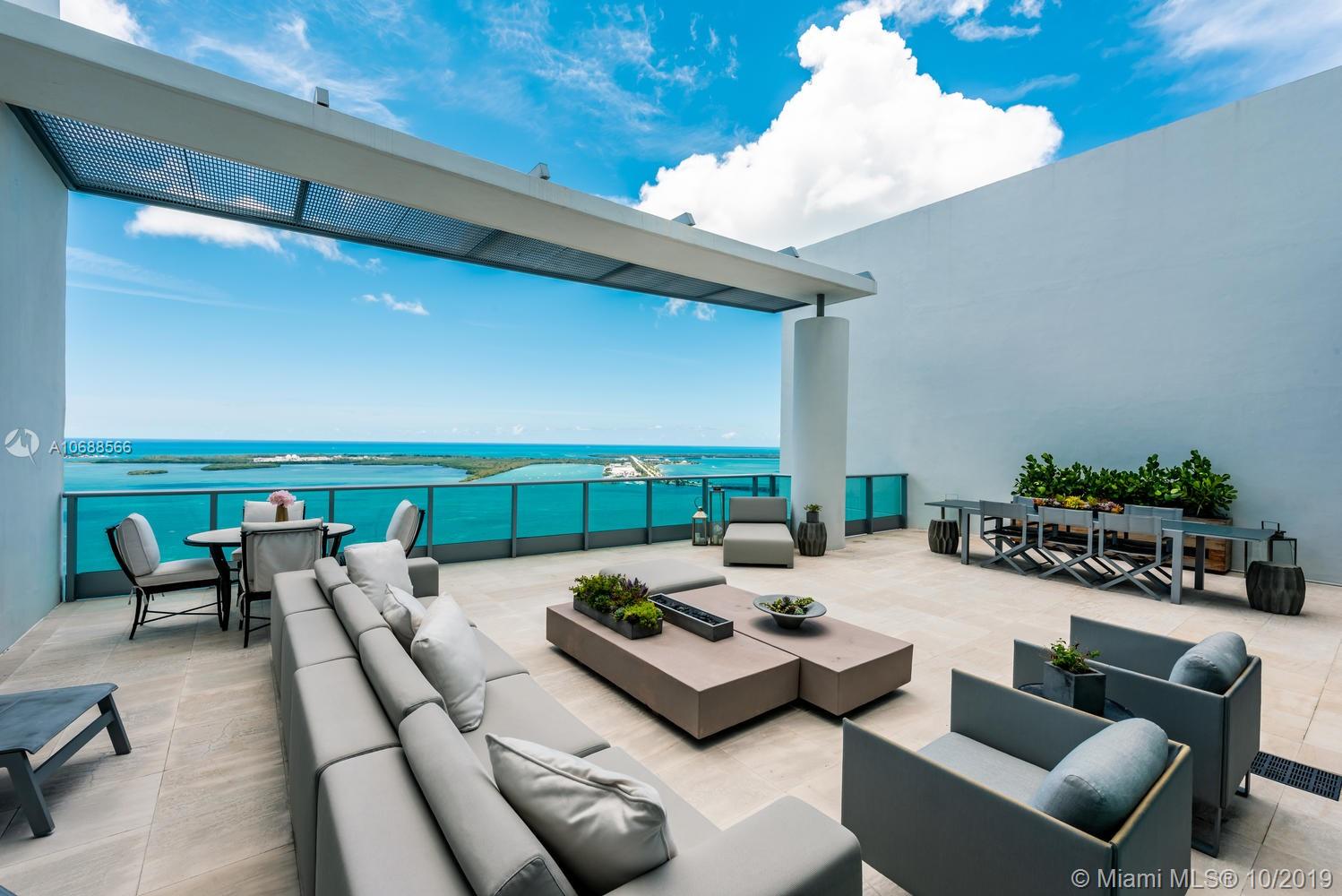 The sky is the limit in this superb 2-story 5 bedroom/5.5 bathroom waterfront Penthouse crowned by a spectacular rooftop terrace and stunning bay and ocean views. Circa 4,300sf internal/1,800sf outside space recently and meticulously renovated as designed by Urban Robot Associates. Leather upholstered private elevator foyer into gracious open living/dining room and sensational chef's kitchen featuring Poliform cabinets and Wolf/Subzero appliances. MBR suite with beautifully appointed walk-in closets and luxurious bathroom. All bedrooms en-suite. Second floor features a family room with wet bar and huge terrace with outdoor theater projector. Boffi fixtures, Lualdi Italian doors and hand-distressed European Oak flooring, AV equipment, electric shades, 2 parking spaces, 1 Tesla charging.