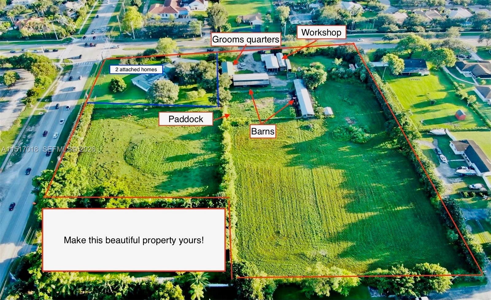 SOUTHWEST RANCHES PRIME AGRICULTURAL ESTATE — 7.67 ACRES 
Zoned AG   A rare opportunity to own a fully equipped agricultural property ideally suited for an equestrian center, large animal veterinary practice, nursery or working farm. The fully fenced 7.67-acre parcel features an impressive 22 total stalls across two pole barns, a dedicated paddock, extensive workshop space, and two attached single-family homes — all with infrastructure already in place.
Agricultural Infrastructure:
12-stall pole barn (electric, plumbing & feed room) · 10-stall pole barn with breezeway · Open pole barn · Workshop/machine shop with 220V outlet, electric & sink · 2 × 40' containers with interior shelving, pull-down garage doors & concrete floor · CBS building with grooming quarters, storage, electric, water & septic · Elevated storage shed · Fully fenced paddock
Primary Residence (4 BD / 3 BA):
Stunning character details including pecan paneling, pecky cypress walls, and a river rock fireplace. Features a professional ballet studio, formal dining room, formal living room, and great room.
Second Home (3 BD / 2 BA):
Attached to the primary residence with a newly renovated kitchen and updated bathrooms.
Sold w/ Folio 504032040018 · No Developers per Conservative Easement Agreement. 
Check out the BENEFITS of owning a Conservative Easement Property via a google search.