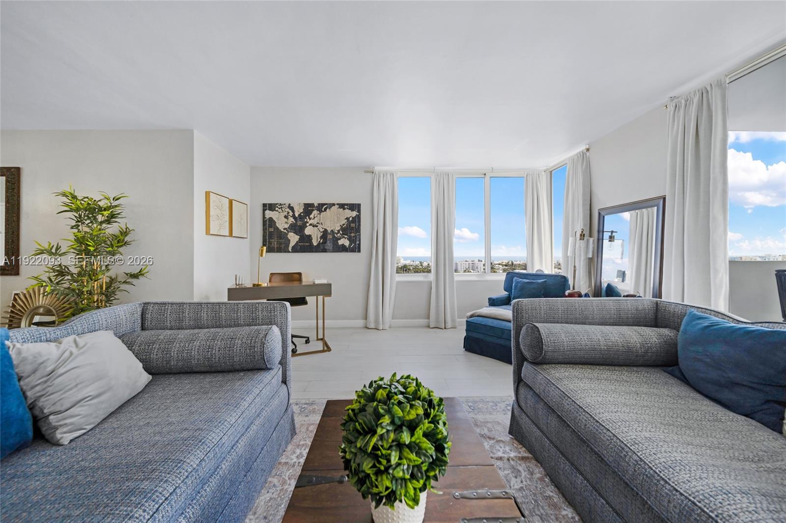 Rarely available, stunning corner Penthouse at Mirador 1200 (Line 15) offering captivating Miami Beach skyline views, panoramic ocean vistas, and spectacular sunrises. This expansive 1-bedroom, 1.5-bath residence features nearly 1,000 sq. ft. of interior space and has been thoughtfully updated throughout.
Enjoy hurricane-impact windows and doors, **new A/C Unit**, an updated kitchen with granite countertops and stainless steel appliances, and a brand-new refrigerator. The generous open balcony and must-see spacious living room enhance the bright, airy feel of this exceptional home.
Mirador 1200 offers resort-style amenities including a bayfront pool, fitness center, hot tub, BBQ area, community room, bike storage, and an on-site convenience store, New hallways underway. The building is pet-friendly and features 24-hour lobby/concierge service.
Located in the desirable West Avenue neighborhood, you’ll be minutes from Whole Foods, Trader Joe’s, Fresh Market, Lincoln Road, shops, restaurants, and the beach. ** SPECIAL ASSESSMENT PAID IN FULL** Parking space for purchase at an additional cost.