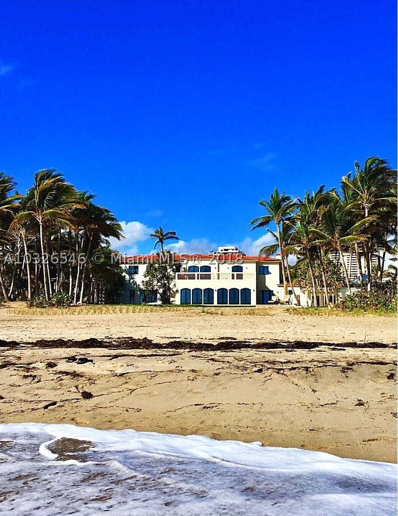 One of a kind Golden Beach Estate sitting on one of the LARGEST lots on 150' Pristine Ocean Front. Completely renovated 6/9/3 bths.  Property offers Main house which consists of entire Master wing approx 4,719 sqft total. Master wing comprised of Grand master suite, living, dining, brkfst room, lounge and powder room w/ Outside corridor connecting to Guest house  comprised w/ 3 guest suites, 2 staff and service suites, kitchenette, 2 living rooms, 1 drawing room, 1 screening room-bar entertainment area-kitchen, laundry @ walk in fridge... approx 4,661 sqft total ( garage included approx 700 sqft).Ocean front pool w/beach cabana ( cabana approx 230 sqft/ grand shower, wc, vanity,storage).  Secured and walled for intimate privacy. Renovation completed by 1/18.GOLDEN BEACH PREMIERE PROPERTY