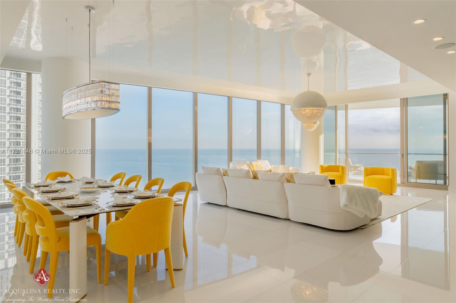 Unparalleled luxury in this direct oceanfront corner residence at the exclusive North Tower of The Estates at Acqualina. This meticulously turnkey residence offers  4 Bed, 5.5-bath and comes furnished with Fendi, Trussardi, Versace, and Bentley.Custom closets, electric shades, designer wall coverings, and an elegant fireplace elevate the ambiance, while a La Cornue gas range and pizza oven create a culinary haven. Enjoy breathtaking ocean, intercoastal, and city views from two expansive terraces featuring a summer kitchen and private sauna. Residents indulge in world-class amenities, five-star service, resort-style pools, ice skating rink, bowling alleys, and bespoke wellness experiences. Own a piece of  paradise and experience the Acqualina lifestyle. Acqualina Realty Office On-Site.