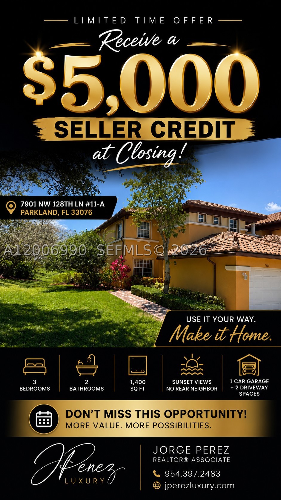 NOW OFFERING A $5,000 SELLER CREDIT TO THE BUYER AT CLOSING ! Use it toward closing cost or an interest rate buy-down with an acceptance offer.

$5,000 SELLER CREDIT! Rare opportunity to own one of the most desirable residences in Cypress Pointe at Heron Bay.

This first-floor corner unit offers the lifestyle buyers want with the convenience they need. Enjoy extra privacy, abundant natural light, no rear neighbors, and peaceful open green space with breathtaking sunsets over the Everglades.

Unlike many interior or second-floor units, this home feels more like a private residence than a condo. The spacious yout features an open-concept design, tile flooring throughout main living areas, generous kitchen with breakfast bar, right dining space, and screened patio perfect for relaxing mornings or evening unwinding.

The corner location creates a larger, more open feel both inside and out, with lush landscaping and added side yard presence that stands out immediately.

Located in sought-after Heron Bay with resort-style amenities, gated security, top-rated schools, parks, tennis, pools, fitness center, and more.

This is more than square footage, it is comfort, privacy, and lifestyle in one of Parkland's premier communities.

Schedule your private showing today.