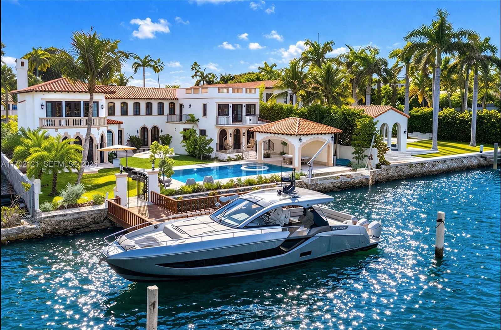 Perfectly nestled in the estates of Palm Island, a Mediterranean marvel with over 15K total SF of living space has been masterfully restored. Maintaining original architectural features, the estate boasts modern, state-of-the-art amenities + technology. Sprawling over 30K SF of lush grounds with exotic trees, fountains and 100’ unobstructed waterfront, multiple scenic outdoor lounging+entertaining areas abound,including a rooftop and private deck over the water. The mansion offers 6beds 7/2bths, office, insolated movie theater, grand saloon, formal dining, cognac rm & art gallery. Chef's kitchen features 3 Wolf gas ranges+Subzero appl, enormous island, family room and 2nd dining. The guest villa has a Turkish hammam/sauna, jacuzzi,massage+gym. 2nd fl 3/2.5 living/dining/kitchen 2 elevators