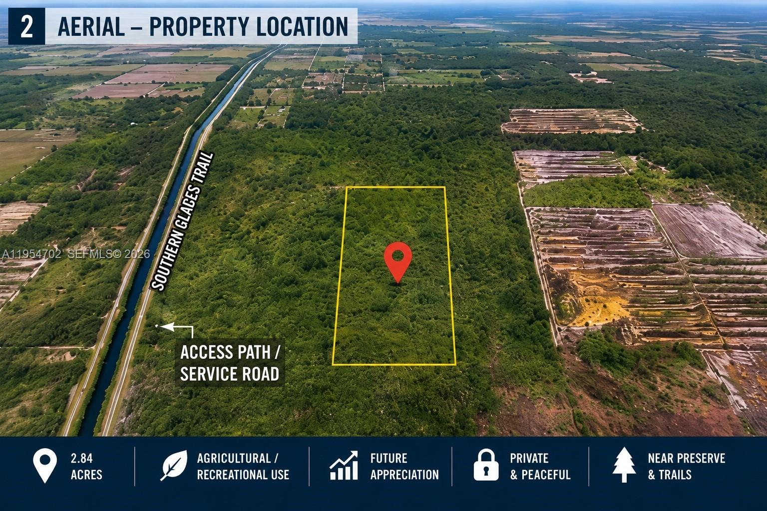 Excellent opportunity to own 2.84 acres in the growing Homestead area near existing agricultural operations and recreational land uses.

Ideal for long-term investment, agricultural, recreational, or off-grid use. Property is located near Southern Glades Trail and surrounding agricultural parcels.

Large private parcel with future appreciation potential.

Buyer to verify zoning, access, permitted use, environmental conditions, utilities, and future development potential.