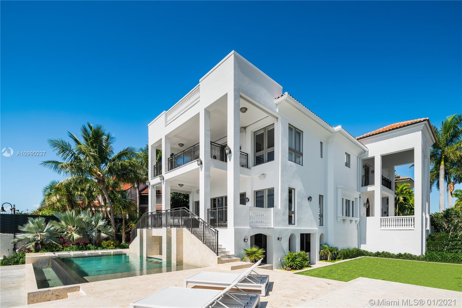 Unobstructed open bay views from this 3-floor contemporary compound featuring 6 bedrooms 8.5 baths 12,178 sqft 1st floor with over 4,000 sqft under AC not included in Living area where you can enjoy a full gym and playroom 2nd floor has a gourmet kitchen, custom theater, wine cellar, office, living room w/bar and maids quarters 3rd floor has the master bedroom with his and hers closets/baths, huge balcony with stairs to a roof top sun deck and 3 bedrooms Detached guesthouse 1 bedroom 1 bath Savant system throughout the house & state of the art security system Exterior: infinity pool, swim up bar custom island bar and bbq natural gas generator and a concrete dock for two 60 ft yachts Renderings show approved street closure for the property which is in the process of permitting with the city