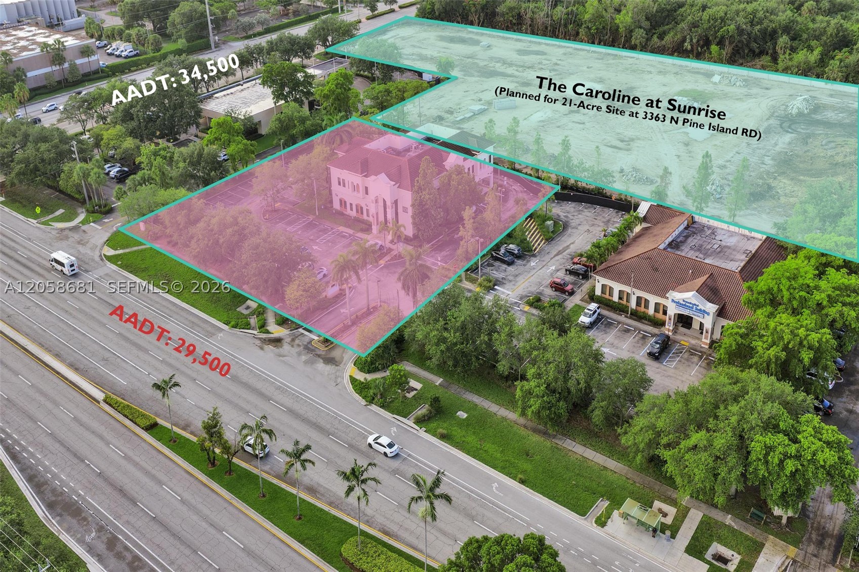 Bank-anchored office opportunity on West Oakland Park Boulevard in Sunrise. This ±12,550 SF, two-story masonry building was built in 2008 and enjoys roughly 29,500 vehicles per day of frontage exposure in the supply-constrained Plantation submarket of west Broward County. The ground floor is purpose-built as a bank—an open, bank-grade banking hall a financial institution can occupy largely as-is, avoiding costly redevelopment—plus one additional ground-floor office suite. The second floor holds three suites that can be divided into as many as five, offering flexibility for a single user or multiple tenants. An adjacent parking area provides added capacity (buyer to independently verify all parking rights, easements, and encumbrances during due diligence).

Positioned among anchors including Walmart, Lowe's, and Sunrise Town Center amid dense rooftops and strong daytime population, the property sits beside The Caroline at Sunrise, a planned 21-acre development at 3363 N Pine Island Road that adds momentum to an active corridor.

Place a bank in the ground-floor hall and lease the suites, or occupy a modern, signage-fronted platform on day one—with submarket vacancy tightening, asking rents rising, and no new office product under construction. All square footage, zoning, and information are approximate and must be independently verified. Detailed lease, tenant, and financial information is available to qualified prospects upon an executed confidentiality agreement.