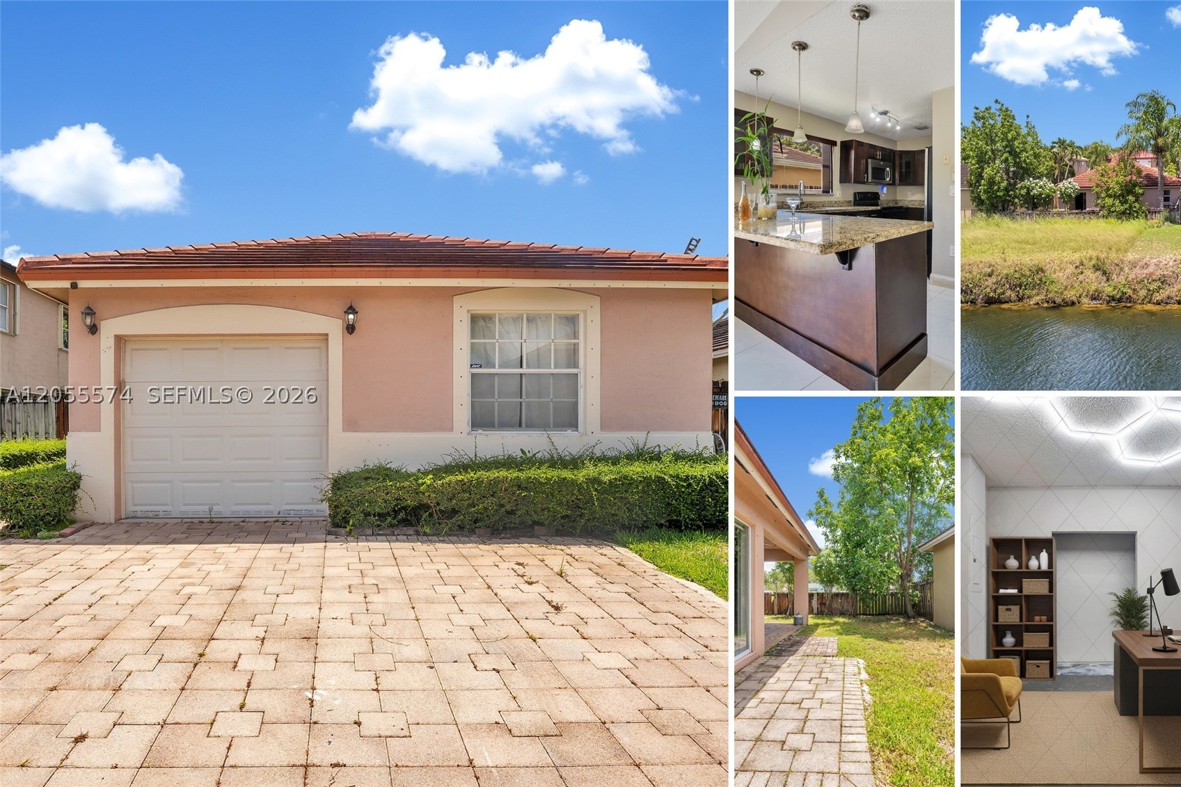 Stunning one-story 3-bedroom, 2-bath home in sought-after Oak Creek, West Kendall — with a serene CANAL VIEW and no rear neighbors! NEW TILE ROOF (2022) means lower insurance and years of peace of mind. Soaring cathedral ceilings and a bright, open layout. Kitchen features granite countertops, wood cabinets, and a pantry. ALL APPLIANCES INCLUDED: washer, dryer, refrigerator, range, microwave, and dishwasher. Central A/C recently serviced. BONUS air-conditioned flex space — perfect as a home office, gym, or guest room. Private primary suite with double-door entry, walk-in closet, and marble bath with dual sinks, separate tub and shower, and a vanity updated in 2025. Zebra shades and ceramic tile floors throughout. Fully fenced yard. Flood Zone X (low risk — no flood insurance required by most lenders). A-rated schools, steps from Jorge Mas Canosa Middle, and minutes to Zoo Miami, the Turnpike, Publix, shopping, and dining. Move-in ready — schedule your showing today!