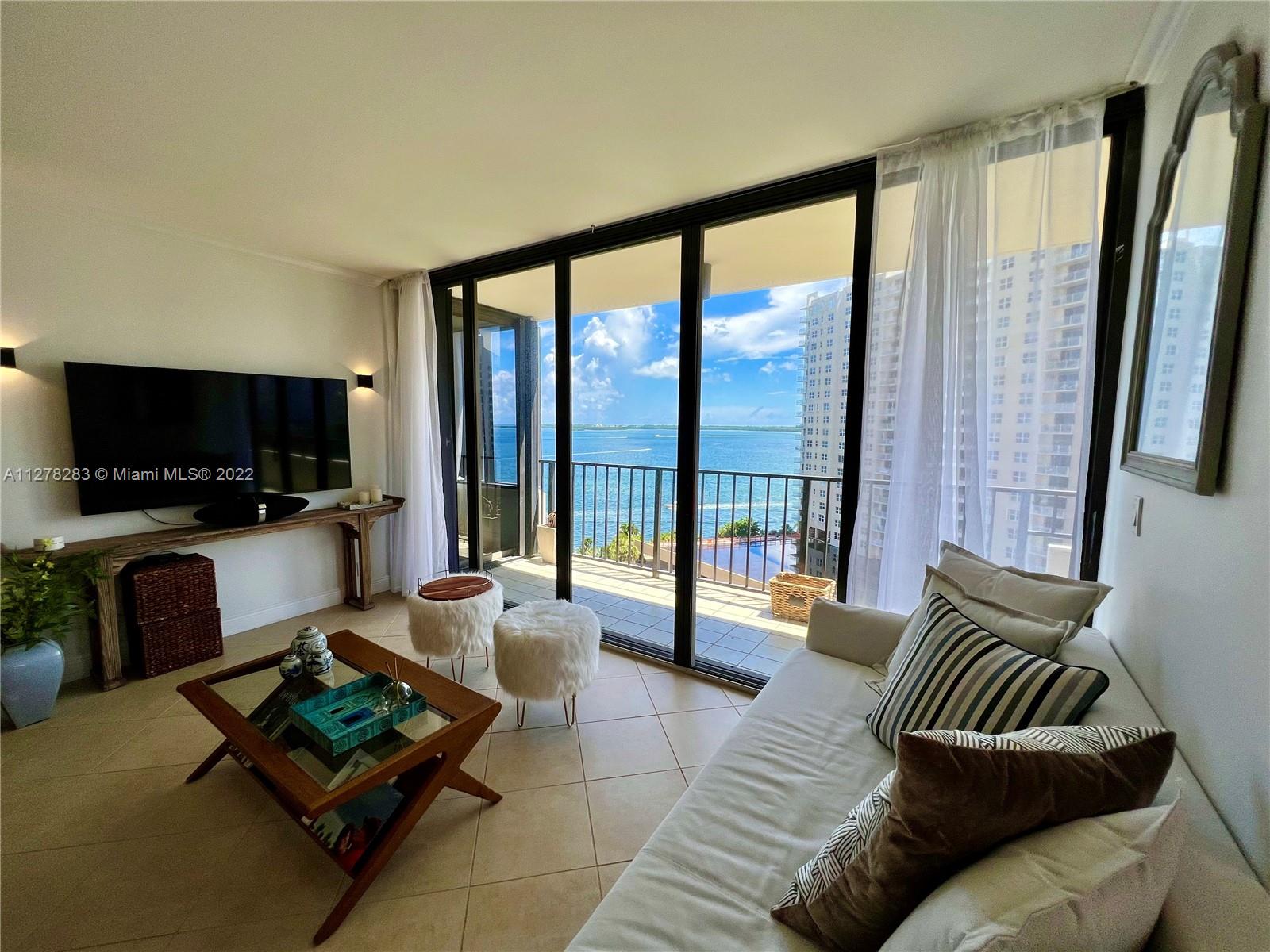 * Fully furnished move in ready 6 or 12 month rental available now * Brickell Key waterfront w/ stunning panoramic bay skyline water views from all rooms * desired entire SE corner "15" line w/ wide wrap around balcony & huge open floor plan w/2 spacious bedrooms + bonus den/office + 2.5 baths! updated 1,375+ sf end unit w/breathtaking floor to ceiling windows natural light & split plan provides great privacy w/lots of storage incl. walk in organized closets thruout! ss appliances, lg washer/dryer & 1 parking space. amenities incl.: free guest valet parking, pool, gym, ~2km waterfront jogging path, tennis, racketball & basketball courts, kids park * available fully furnished only * no pets * modern furniture, tv's, fully stocked kitchen/baths  * rarely available & never previously rented *