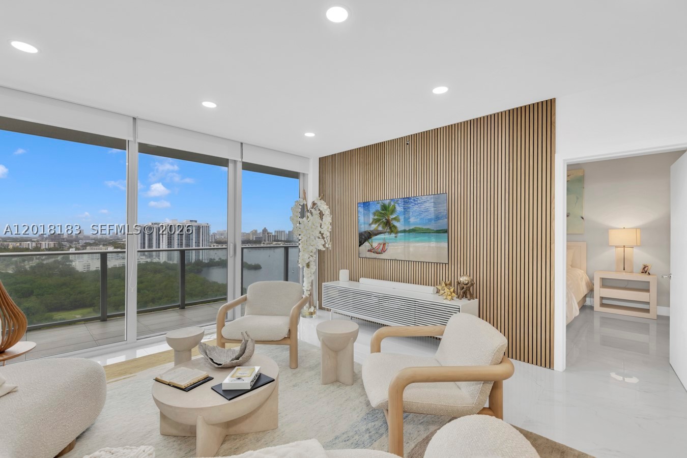 Enjoy this beautiful waterway view corner unit. Fully furnished and renovated. All furniture included apart from Artwork pieces and pictures. Renovations made to the property: Custom ceiling lighting platform, wooden panels, marble floor and office/den space.