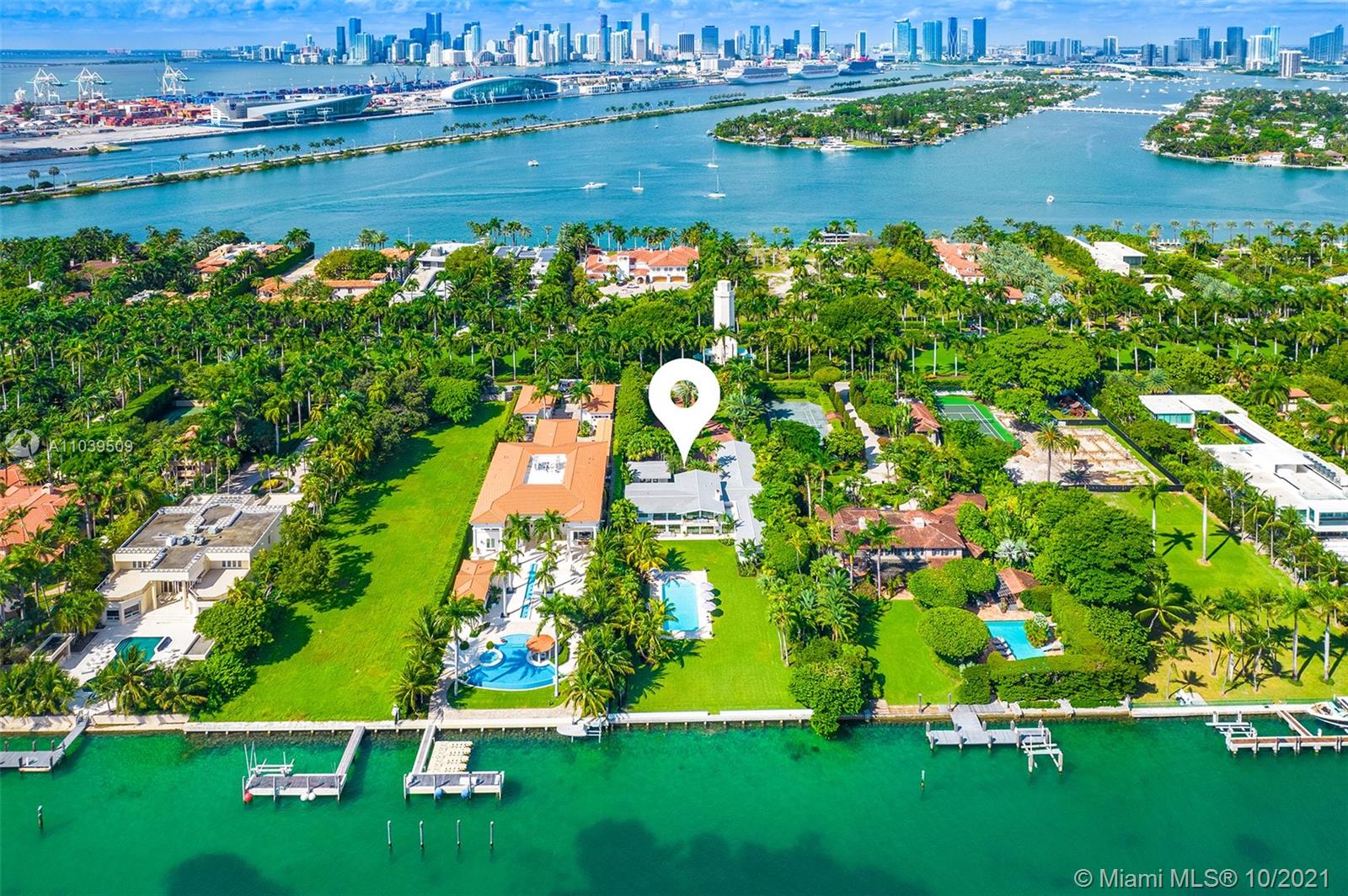 Located on exclusive, guard-gated Star Island, this fully re-imaged and rebuilt Miami Modern house by Todd Michael Glazer occupies an impressive 40,000 sf lot with dockage to accommodate up to 90' yacht only minutes from Miami Beach Marina and open water to the ocean. This 9 BR/9 +1 BA includes separate guest house with kitchen and spacious second floor master suite with balcony overlooking the huge outdoor entertainment space.  Lushly landscaped grounds feature tropical foliage, large resort size pool and automatic gate for privacy and security.  This estate is truly a one of a kind location with access to endless restaurants and shopping of South Beach, Brickell and the new Design District. Additional 2000 sf added in the new renovation for 8102 sf as per owner.