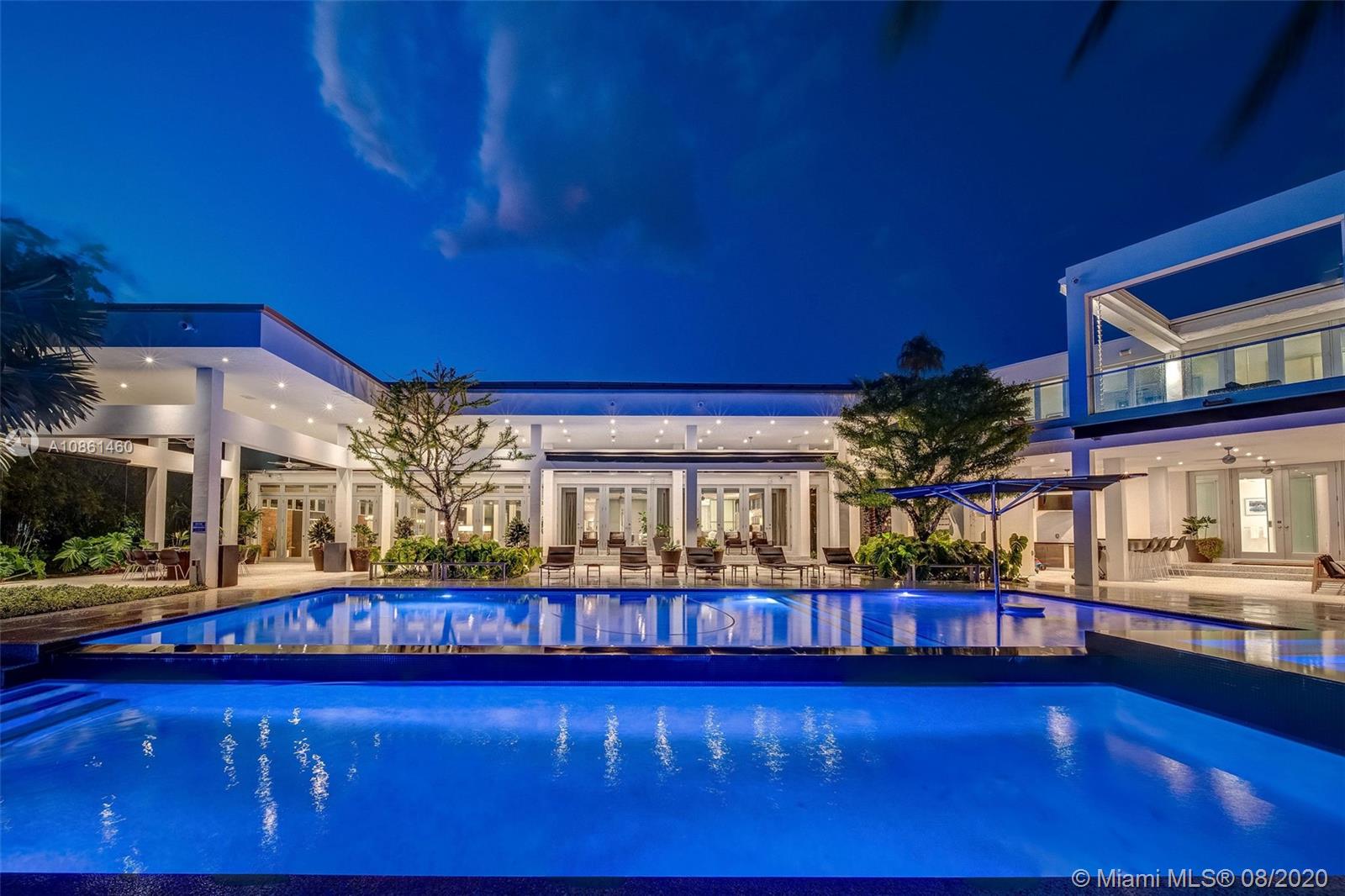 Icons of architecture & design-Bernard Zyscovich & Raymond Jungles-personally collaborated to deliver this stunner. Rebuilt & impeccably finished authentic midcentury MiMo estate. boasts 5,578-Sq. Ft. of covered terraces (incl. 5 retractable electric canopies). Main house and guest house (W/OFFICE) overlook 2 pools (infinity & lap), blending indoor-outdoor living along 200+ Ft. of water frontage on nearly 1 acre. Guest house is a HOME OFFICE sanctuary w/bedrooms & kitchenette downstairs; executive office & gym (steam & sauna) upstairs. Crestron system operates entire property & 16 cameras. Highlights include custom 30,000-lb four post boat lift, 4 kitchens (main, kosher, summer, kitchenette), 67-KW solar panel system (largest in Miami-Dade) & full-house generator. Features list attached.