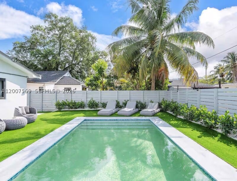 Perfectly located in trendy Miami, remodeled family house with swimming pool in a large back yard. Newly renovated (2023) house situated in the peaceful neighborhood of luxurious Design District. Close to everything, restaurants, designers stores. Minutes to Wynwood, Brickell, Miami International Airport and Miami Beach. 3 bedrooms and 2 bathrooms  Cozy living room, dining area, fully equipped kitchen, and one of the best perks is the big backyard.
The house (1350 ft²) has been recently renovated and designed by professionals whose main focus was to create positive living experience . The spacious garden, guests can enjoy comfortable seating areas. Moreover, parking spots in the driveway as well as the street parking in front of the house are available.
Situated in a safe neighborhood of Design District, only 5 minutes drive to Wynwood, 10 minutes to Downtown Miami and 15 minutes to Miami Beach.
Fenced garden, terrace, garden furniture, washing machine, dryer, central air conditioning,  , 4 TVs.
In the open plan kitchen, refrigerator, microwave, oven, freezer, dishwasher, dishes/cutlery, kitchen utensils, coffee machine, toaster, kettle, kitchenware (pots/pans), plates and bowls are provided.
Security cameras are installed outdoors. Seller motivated.