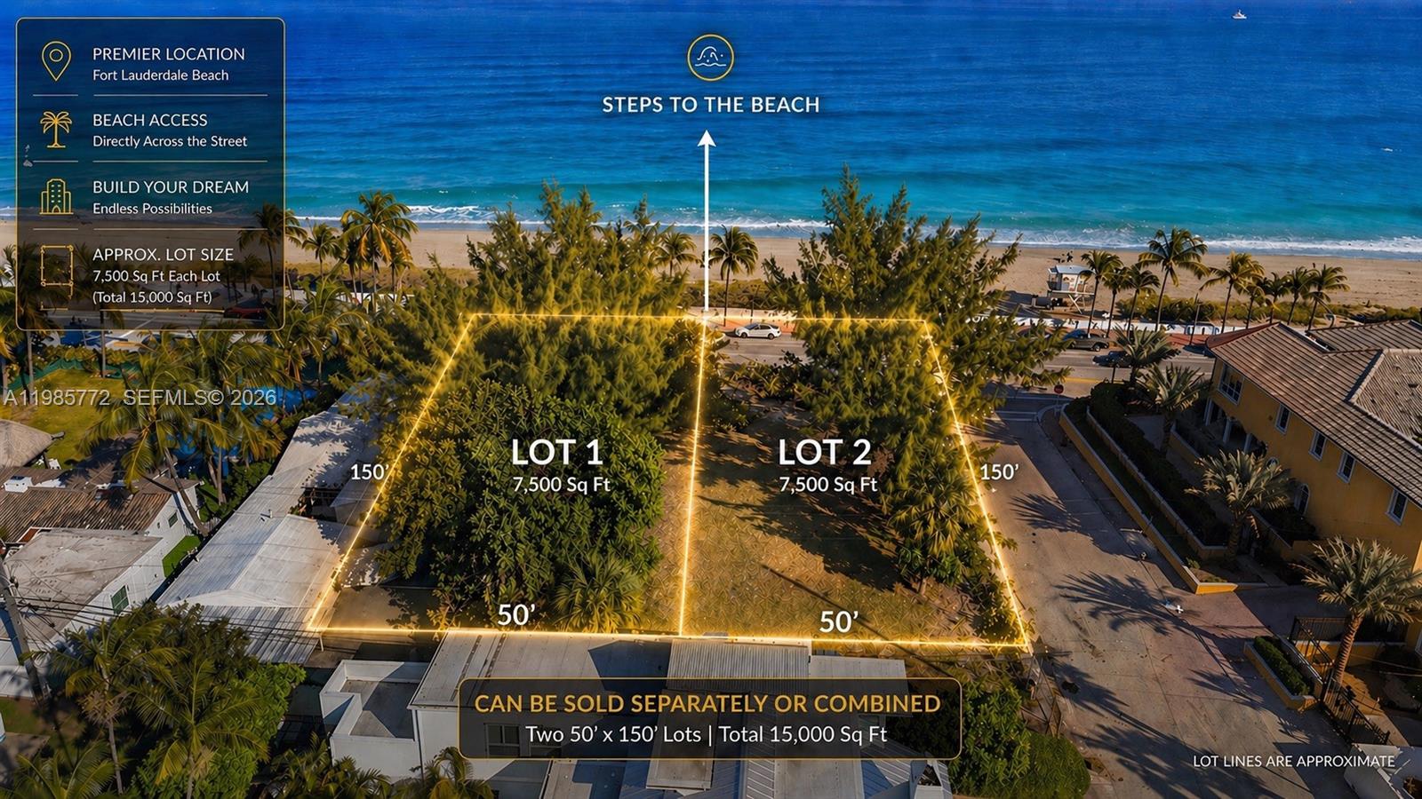 A truly rare and privileged opportunity to acquire one of the most iconic beachfront homesites in all of Fort Lauderdale. Set directly across the sand at 1651 N Fort Lauderdale Beach Blvd, this extraordinary ±7,500 SF parcel offers approximately 50 feet of unobstructed Atlantic Ocean frontage with sweeping, permanent sightlines of the beach, the downtown Fort Lauderdale skyline, and Hugh Taylor Birch State Park—creating a remarkable 360-degree visual experience that is virtually impossible to replicate. Located on a prime hard-corner, on a quiet cul-de-sac, this exceptional property sits within Fort Lauderdale’s ultra-exclusive Finger Streets enclave, an intimate beachfront neighborhood encompassing approximately 34 oceanfront homes. Renowned for its privacy and tightly held ownership, the Finger Streets represent one of the most desirable residential settings on the entire Fort Lauderdale coastline. This is not simply a vacant lot — it is a once-in-a-generation canvas to create a landmark coastal estate. Opportunities of this scale, frontage, and positioning on Fort Lauderdale Beach are nearly extinct. Build a world-class oceanfront mansion or two ultra-luxury residences, this site stands apart as one of the last remaining buildable beachfront parcels of its kind. Preliminary architectural concepts by a highly regarded local architect are available, designed to maximize views, privacy, and architectural impact. To build here is an opportunity to create an ICONIC estate.
