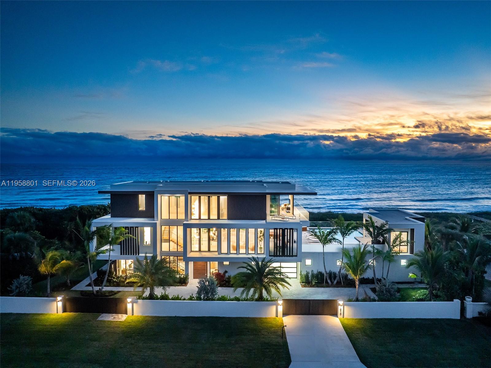 Just completed modern masterpiece on 170’ direct ocean frontage. 5br plus detached guest house nestled amidst state preserve for privacy yet minutes from "Hamptons of Fla", Vero Beach. Floor-to-ceiling glass allows natural light and ocean views throughout. Interior unites with elevated pool deck ideal to host large gatherings. State of the art gourmet kitchen with Sub-Zero and Wolf appliances, butler’s pantry, seated island, wine refrigerator. Master suite with sunrises over the ocean, sunsets over the bay, sitting room, office, two walk-in closets, private balcony. With 168 pilings, a concrete roof an engineering marvel built to endure. Also features private beach walkway with gazebo, elevator, multi floor laundry rooms, wet bar, space for gym, outdoor shower, jacuzzi, 2500+ sq ft. garage.