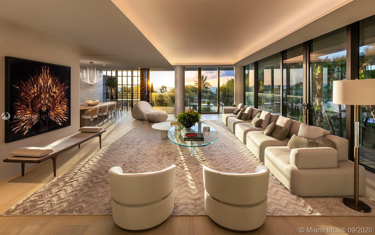 Residence 202 lives like a beach home within ARTE. This two-floor flow through grand estate-sized beach villa boasts gracious living areas and expansive deep terraces with direct ocean and sunset views. Residence 202 features private elevator finger recognition entry, two gourmet chef-style kitchens with gas range, private spiral stair case leading directly to Spa amenities and beach. Arte is a boutique collection of 16 oceanfront residences by Citterio & Viel in collaboration with Kobi Karp. Full service building with rooftop tennis court, outdoor and heated indoor pools, children's play room and direct beach access. Residence designed by Artefacto offering Immediate occupancy. *Price reflects furnished residence.