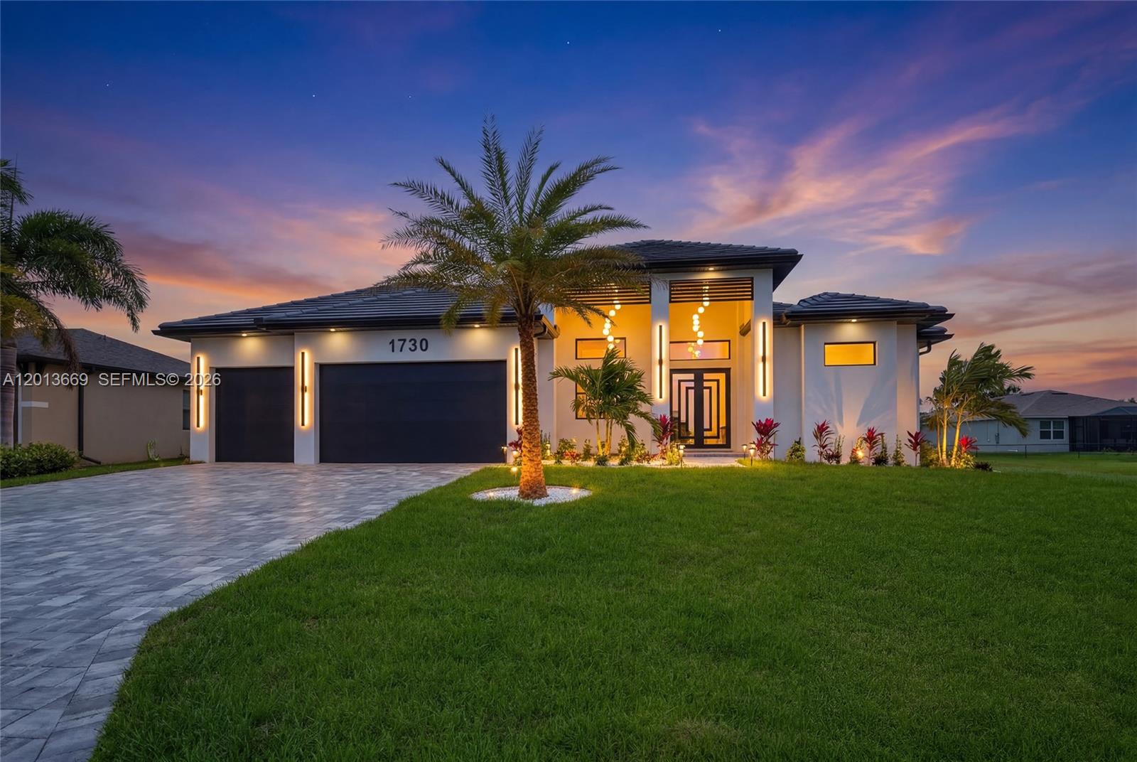 Welcome to this spectacular, newly built house, where modern design merges with comfort and elegance. Located in one of the most coveted areas of Cape Coral, this residence has a living area of 2,416 square feet with 4 bedrooms and 4 bathrooms, combining large spaces, high-end finishes, and an intelligent distribution. Enjoy the natural luminosity that invades every corner, an open-concept kitchen with state-of-the-art appliances, tile ceilings, and a private pool and spa with a screen that becomes your personal oasis. This property combines modern architecture, luxury, and comfort, becoming a unique opportunity for those looking for a new house ready to enjoy. Do not miss the opportunity to live in this jewel!