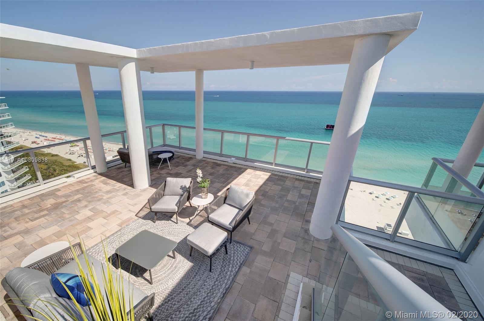 A Penthouse unlike any other - this Art Deco inspired MasterPiece has its own internal marble and glass staircase leading to a private rooftop, featuring a pool and BBQ for the ultimate condo outdoor living/ entertaining experience.
Endless Ocean Views towards the East and Magnificent Miami / Biscayne Bay Sunset Views towards the West are among the features that make this 4 bed, 4.5 bathroom dream home special. The custom build out spared no expense being designed with only the highest end finishes including English Sycamore wood paneling and Slab Marble in the baths. The unit incl. two parking spaces + valet
The Caribbean Condominium is located Ocean Front in the prestigious Faena district in close walking distance to top Hotels and restaurants such as the Edition, Faena and SoHO House.