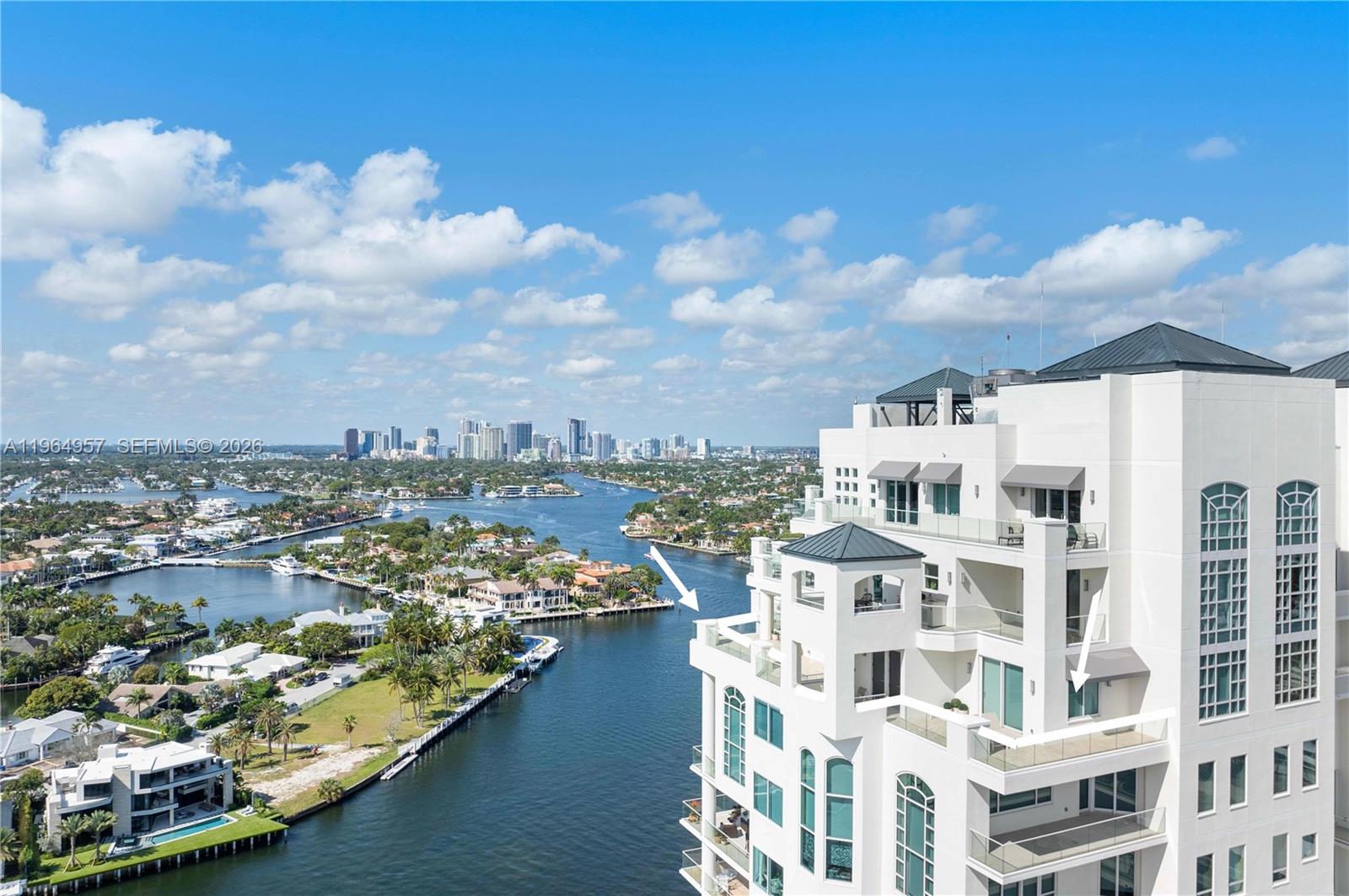 Priced below appraised value with a 45' deeded dock!  Spectacular 4,043 square foot Windstar Penthouse II in highly desirable Harbourage Place offers the most panoramic Intracoastal, ocean and city skyline views.  One of only two penthouses on the 21st floor.  3 BR/4.5 BA with fine finishes and fixtures throughout including marble flooring, 10-foot ceilings, electric shades and more. 1,742 SF terrace, 45' deeded dock, 3 deeded parking & 3 deeded storage spaces. Gracious living and dining areas with spectacular views. The family room features a bar complete with a sink, wine cooler, and ice maker. Top of the line La Strada kitchen features a separate laundry room and walk-in pantry. Oversized primary suite with office/sitting area plus dual baths & dual closets. Wraparound terrace features storm/sun shades plus sunrise and sunset views. Building restoration complete, brand new pool deck & all assessments paid.  Some photos are virtually staged.