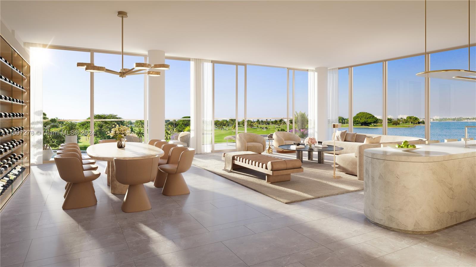 Discover luxury living in this half-floor unit at Bay Harbor Islands' most exclusive new development. This residence boasts 35 feet of unobstructed water and golf course views, with interiors graced by honed Patterned Vanilla Spider Marble flooring throughout. The kitchen is equipped with Gaggenau appliances and Taj Mahal countertops, ideal for gourmet enthusiasts. This residence offers 3 bedrooms, 3 bathrooms, a Family Room, and an elegant powder room, with every corner reflecting extreme attention to detail Including a wine wall. The bathrooms showcase exquisite finishes, from travertine floors and leather walls in the primary to Crema di Oro and Carrara marble in the secondary baths. Residents enjoy access to boat slips and a yacht concierge at the exclusive, residents-only yacht club