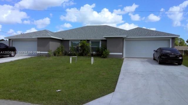 IDEAL FOR INVESTORS. Modern duplex built in 2023, like new, located in Lehigh Acres. Each unit offers 1,189 sq. ft. of living space with 3 bedrooms, 2 bathrooms, and a 2-car garage, bringing the total area of each unit to 1,687 sq. ft. Designed with an open floor plan, both units feature tile flooring throughout, granite countertops, stainless steel appliances, specialty lighting, and contemporary finishes. Not located in a flood zone. Ideal for investors, all units are currently rented with a combined monthly income. A truly versatile and valuable property in the growing Lehigh Acres market.