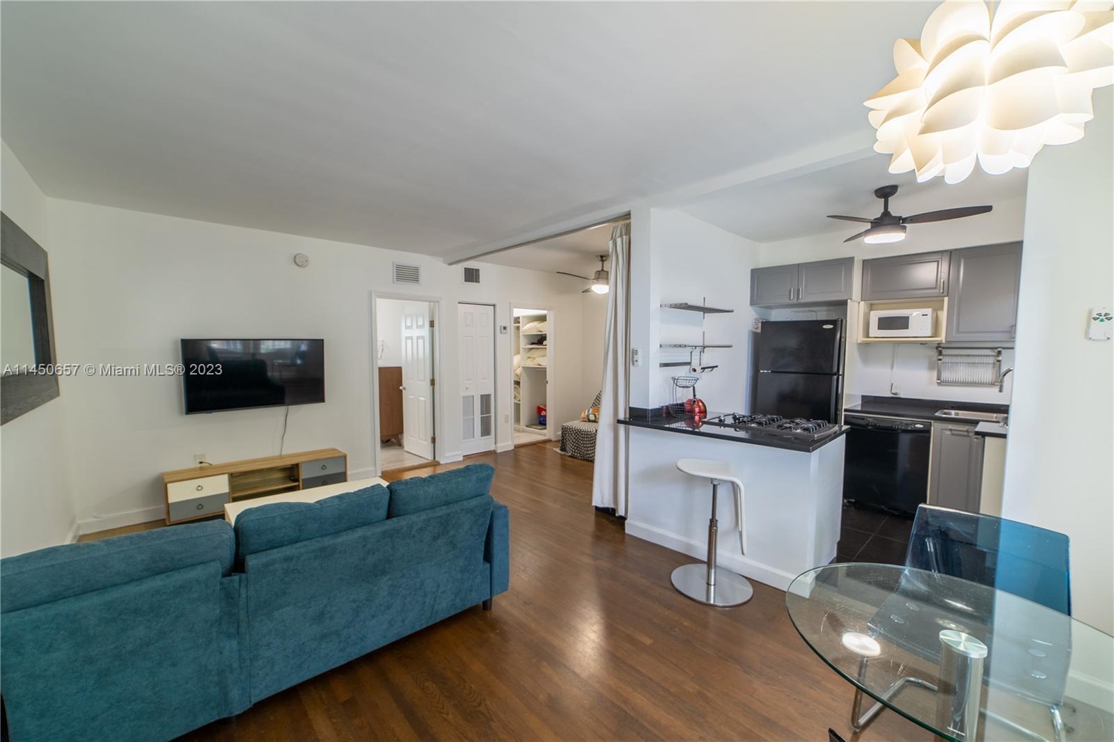 Thoughtful design and spacious floor plan. Beautiful renovation and finishes. wood and marble floors. All new kitchen and gas stove top, electric range, dishwasher, micro, refrigerator, washer & dryer in the unit. The design allows you to use space for a second sleeping area! The unit is only 2 blocks away from Lincoln Rd. A little gem in SOBE.