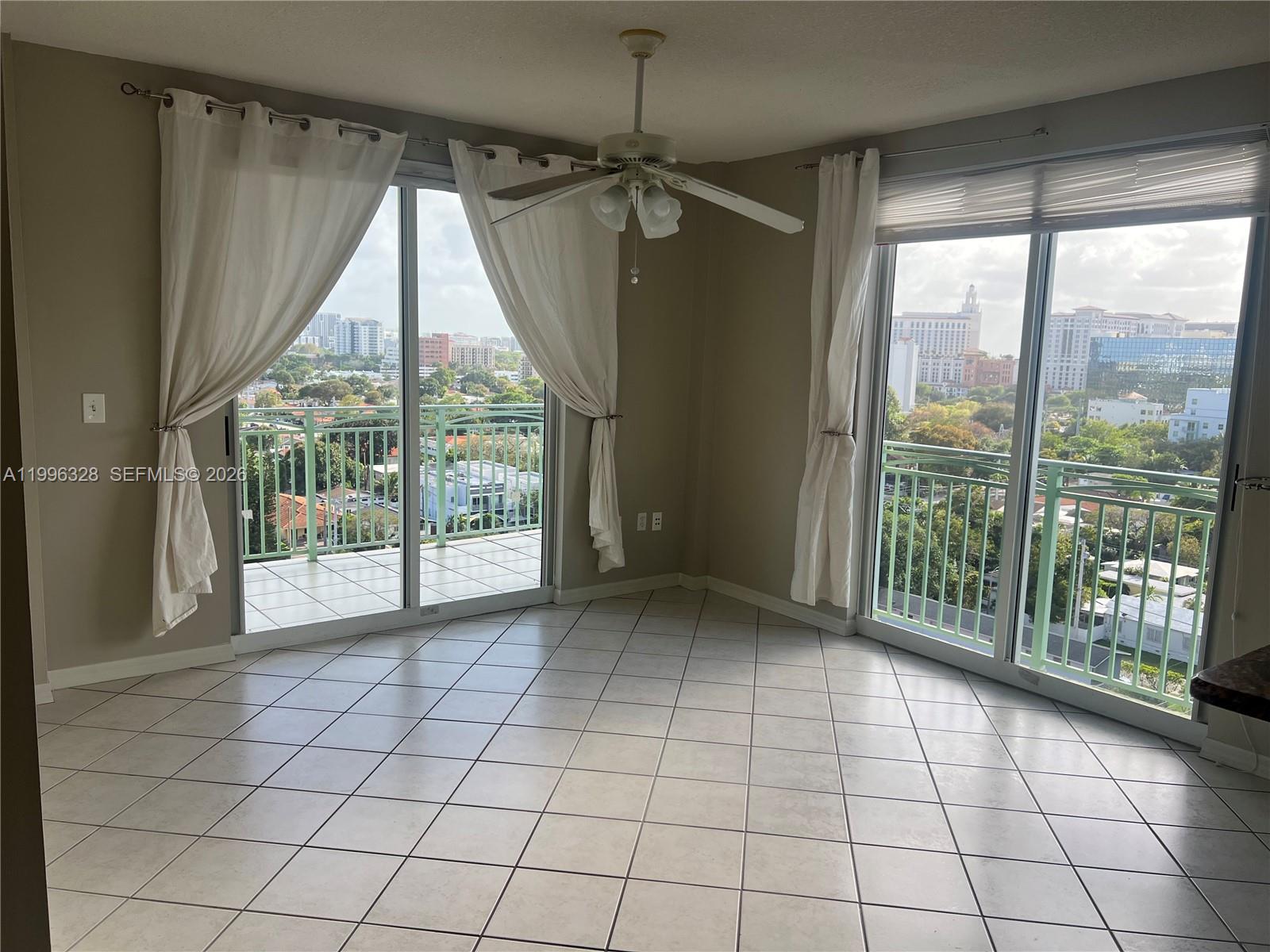 Great Apartment. 1/1 Corner Unit with breathtaking views from the balcony, overlooking Coral Gables.  Conveniently located on 14th floor. Unit is tiled throughout, granite counter top. Washer and Dryer inside the unit. New A/C. Just painted. Walking distance from Miracle Mile Malls and Restaurantes. Amenities includes: Heated Pool, Jacuzzi, Game room, exercise room and 24/7 security guard. Full paid apartment. Very easy to show.