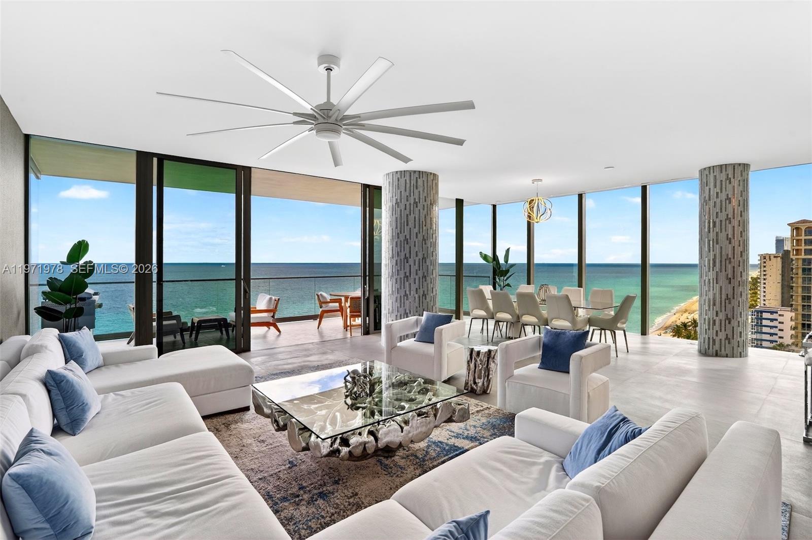 This 3 bedroom 3.5 bathroom 2,913 Square Foot oceanfront condo captures the full South Florida lifestyle with coveted southeast exposure and panoramic water views that stretch from sunrise over the Atlantic to glowing sunsets across the Intracoastal. Walls of floor to ceiling glass frame the horizon, while a dramatic 10 foot deep terrace extends your living space outdoors, inviting ocean breezes, morning coffee rituals, and golden hour gatherings. This residence is offered fully furnished and curated with world class design. Refined interiors showcase bespoke pieces and finishes from Minotti, B&B Italia, Lualdi, Boffi, Gaggenau, and Minotticucine, blending European craftsmanship with contemporary coastal elegance. Every detail feels intentional, elevated, and quietly luxurious. At 2000 Ocean, residents enjoy two distinct resort experiences: an east facing ocean sunrise pool & a west facing Intracoastal sunset pool, creating a rare dual waterfront lifestyle. Amenities include private beach service, an outdoor bar, a spa pavilion with spa, yoga, ice and massage rooms, a state of the art fitness center, an Assouline library, and thoughtfully curated lounge spaces designed for connection and calm. This is more than a residence. It is a front row seat to the rhythm of the ocean and the art of refined coastal living.