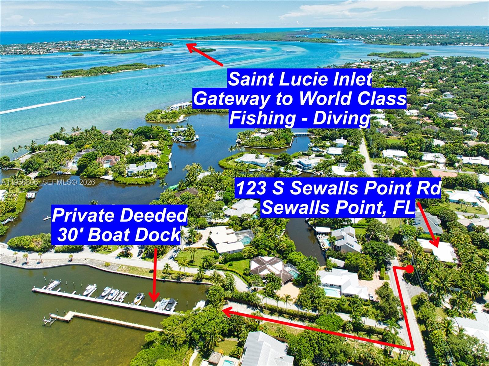 BEAUTIFUL CBS BLOCK 3BR-2BA-2CG HOME with a PRIVATE DEEDED 30 FOOT DOCK located in Prestigious Palm
Row, Sewalls Point, FL. Walk across the street 50 yards to your Private Deeded 30 Foot Dock, 2 miles to Saint
Lucie Inlet, Gateway to World Class Fishing-Diving, and only 4 miles to Downtown Stuart Waterfront Restaurants,
Shopping and Entertainment. Low Deeded Dock Fee $500 per year, includes Insurance, Power, and Water. Enjoy all the perks of waterfront living without the waterfront price. Metal Roof, Impact Windows and Doors 2007, and Plantation Shutters. Beautifully Landscaped and Fenced Yard with Fruit Trees. Sewalls Point is a Premier Community in Stuart, originally a Coconut Plantation, with Gorgeous and Giant Oak trees. Easy access to I-95 and the Florida Turnpike, and Palm Beach International and Stuart airports. Palm Row Sewalls Point Paradise Awaits!
