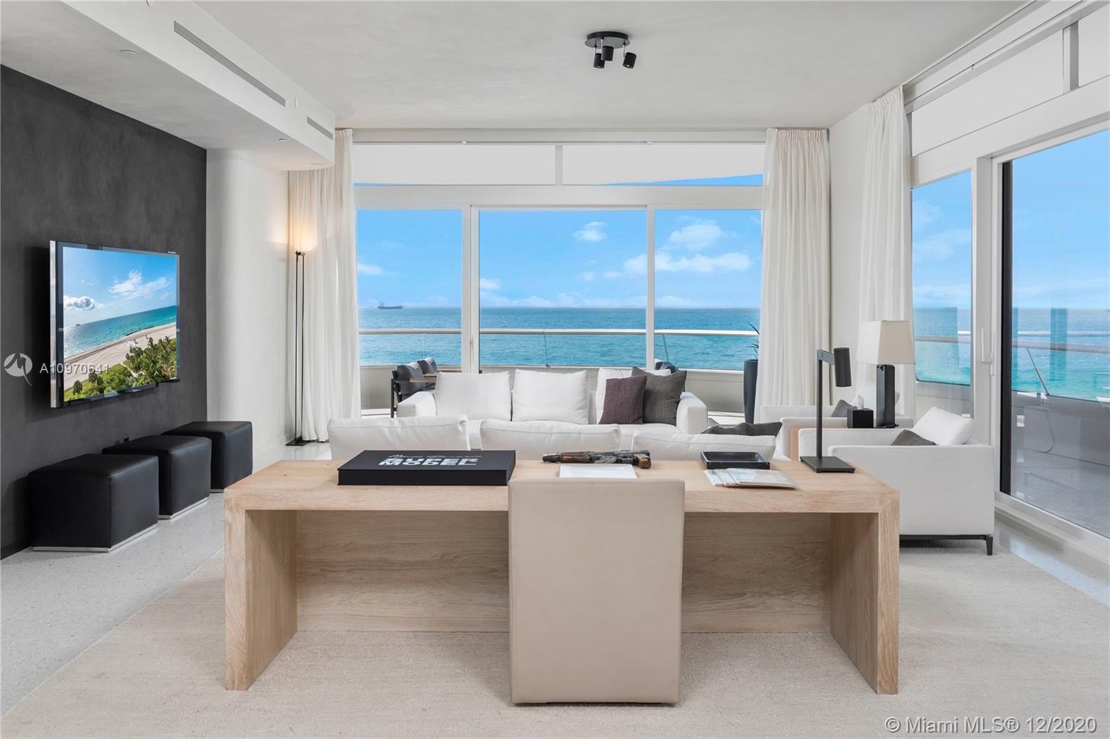 Expertly-curated interiors, and expansive terrace space compliment the highest level of fit and finish in Residence 8B at the esteemed Faena House on Miami Beach. This residence offers a generous sitting area with floor-to-ceiling glass walls; the master suite offers endless ocean views while 3 additional bedrooms allow for guests or the opportunity to create a full home office or media room space. Fully finished interiors designed by Lorraine Letendre, and finishes by Molteni Dada on custom kitchen & Permasteelisa on custom bathrooms, in addition to light oak flooring in the bedrooms and living room and Terrazzo floors throughout.