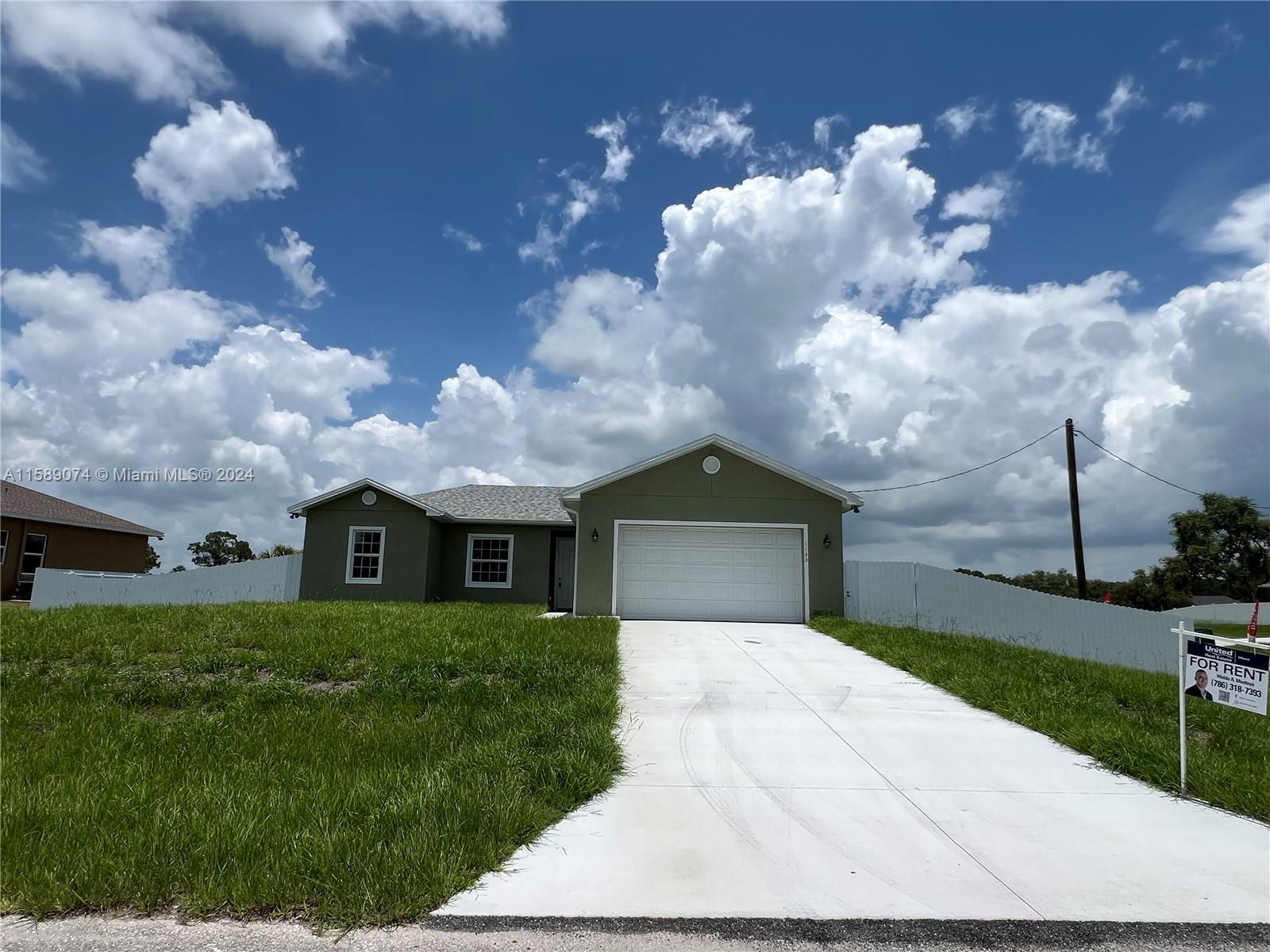 Spectacular brand new house! 1 story, single family home located in a great community in Port LaBelle, Florida.
Open concept floor plan with vaulted ceilings and spacious living room. 3 bedrooms, 2 bathrooms and 2 car garage
with a bay for an additional 4 cars. Bedrooms have large walk-in closets and primary bathroom has his and hers
sinks and a tiled shower. Granite counters in bathrooms and kitchen center island, soft close cabinets, and
stainless steel energy efficient appliance package. Approximately 1,500 sq. ft. under air, over 2,000 sq. ft. total.
Covered terrace, great backyard. Move-In ready!